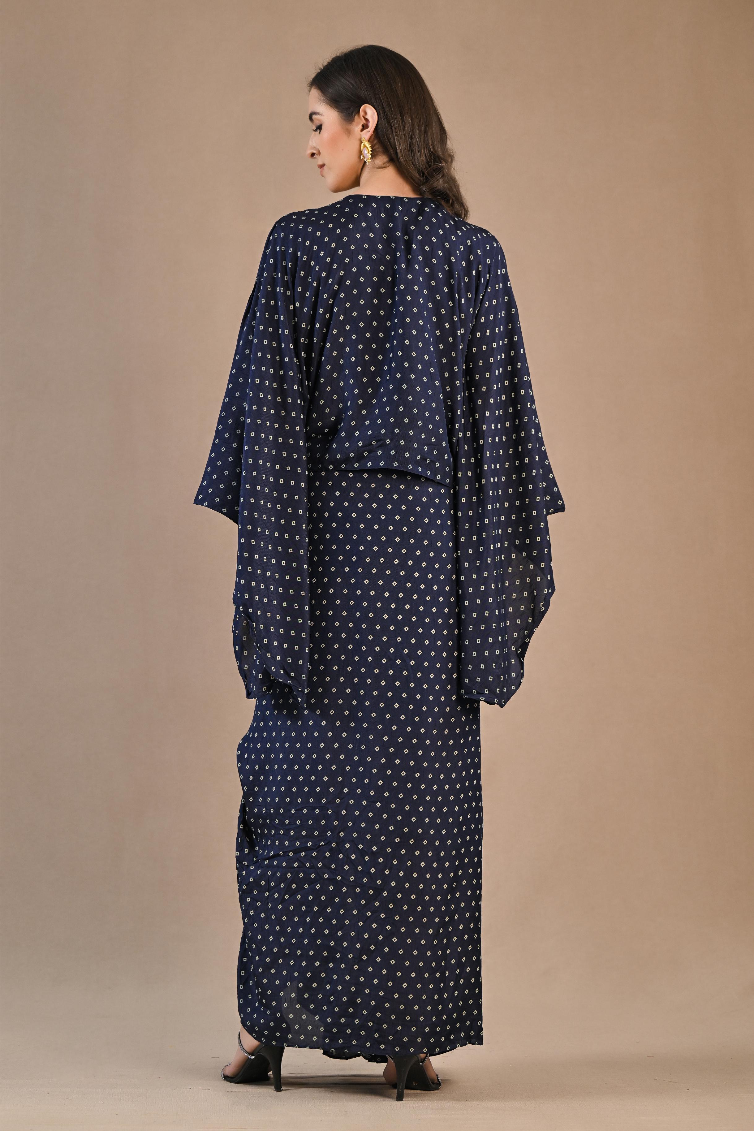 Blue Bandhej Printed Raw Silk Kaftan & Skirt Set