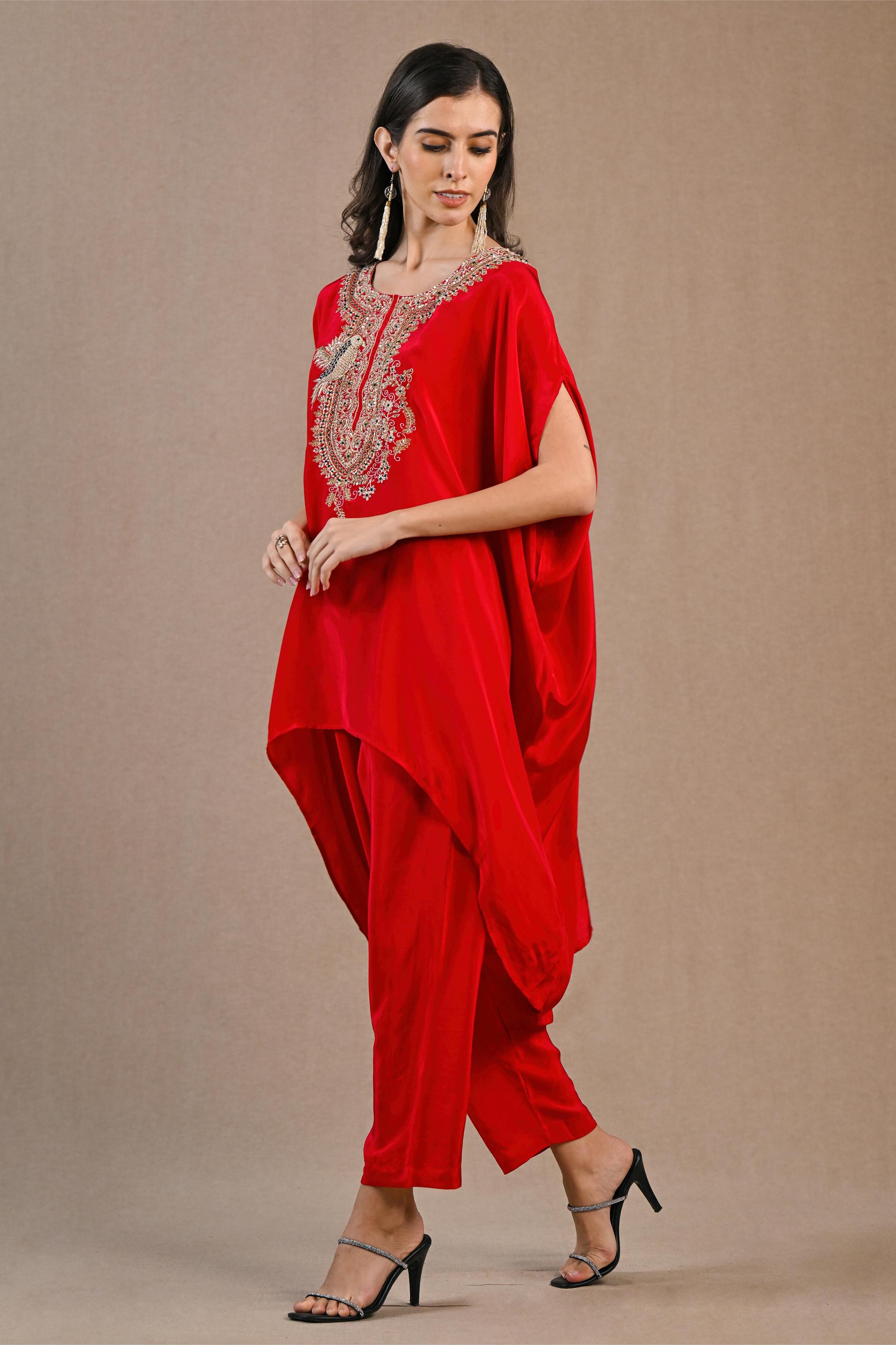 Red Embroidered Habutai Silk Kaftan Set