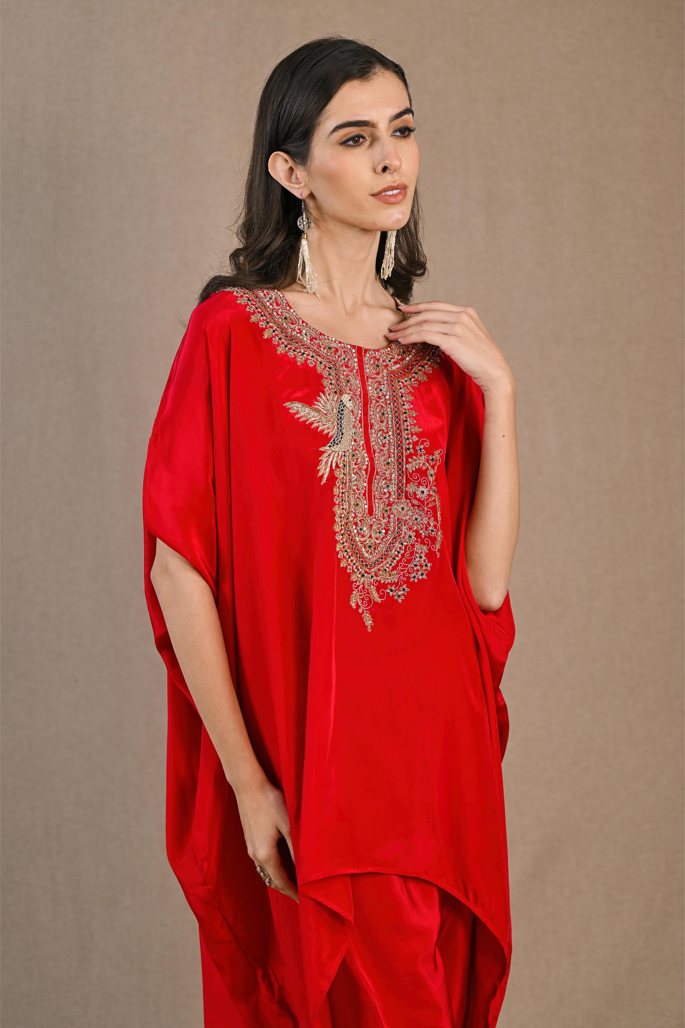 Red Embroidered Habutai Silk Kaftan Set