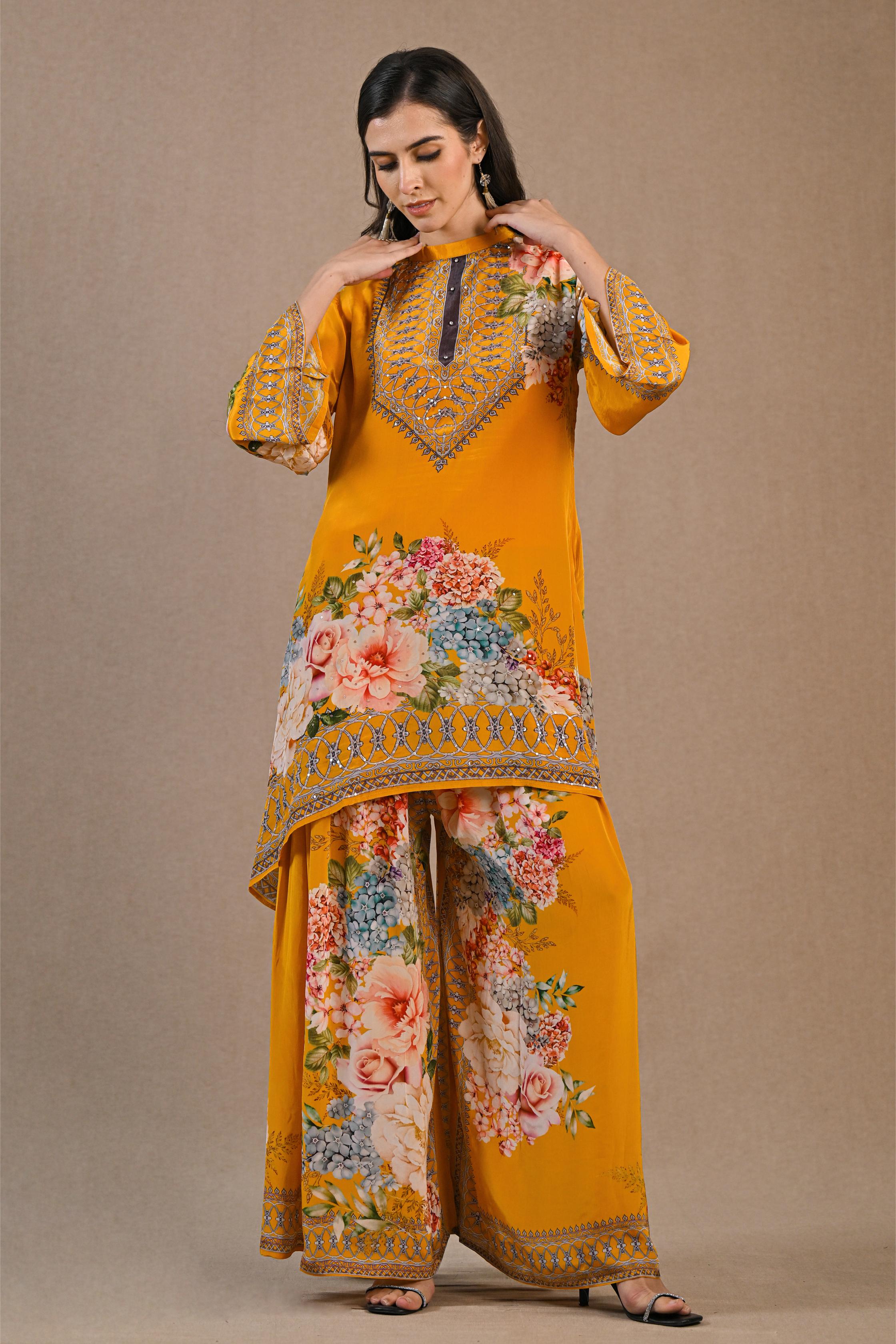 Amber Yellow Floral Printed Crepe Silk Palazzo Set