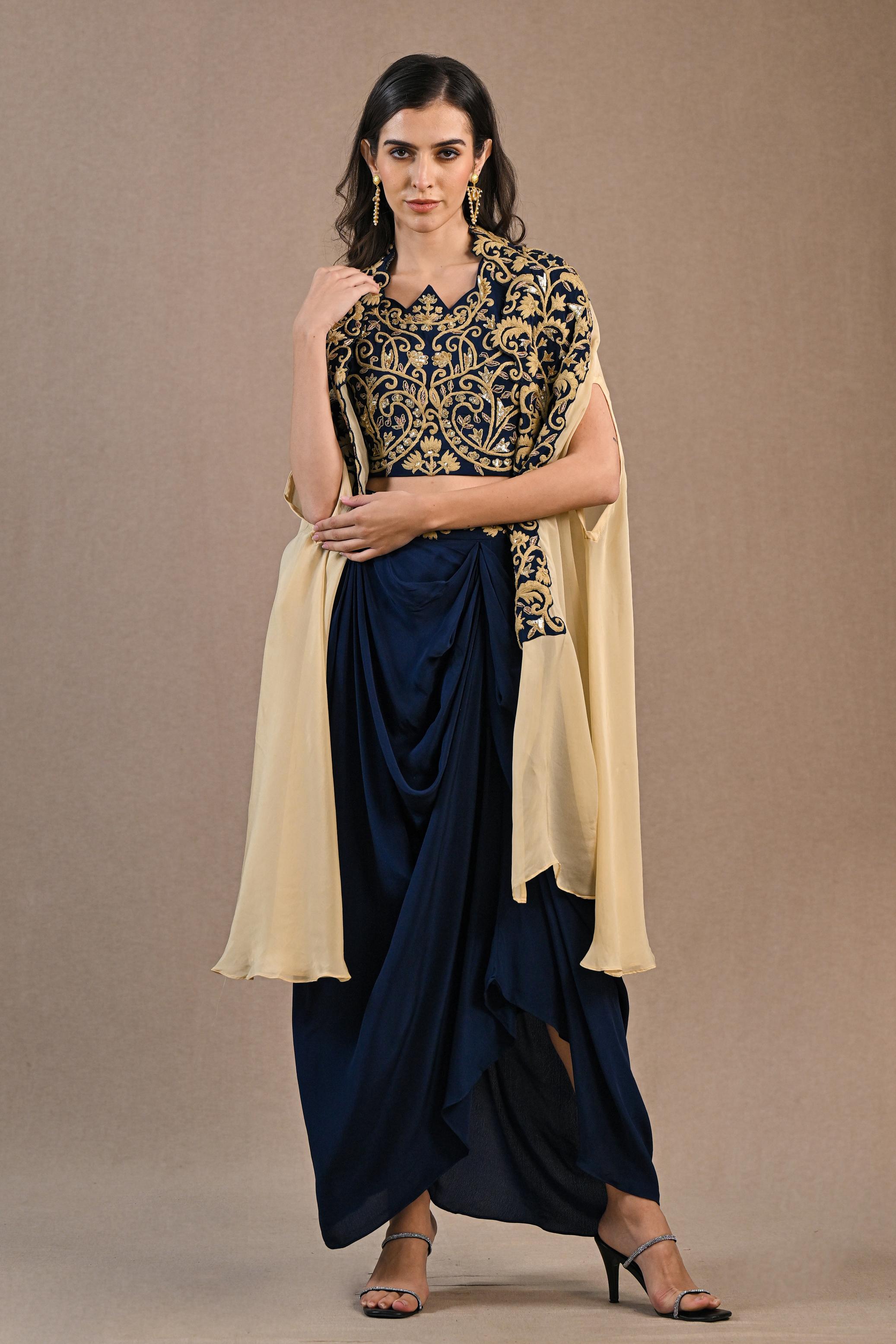 Blue Embroidered Chinon Silk Cape Set