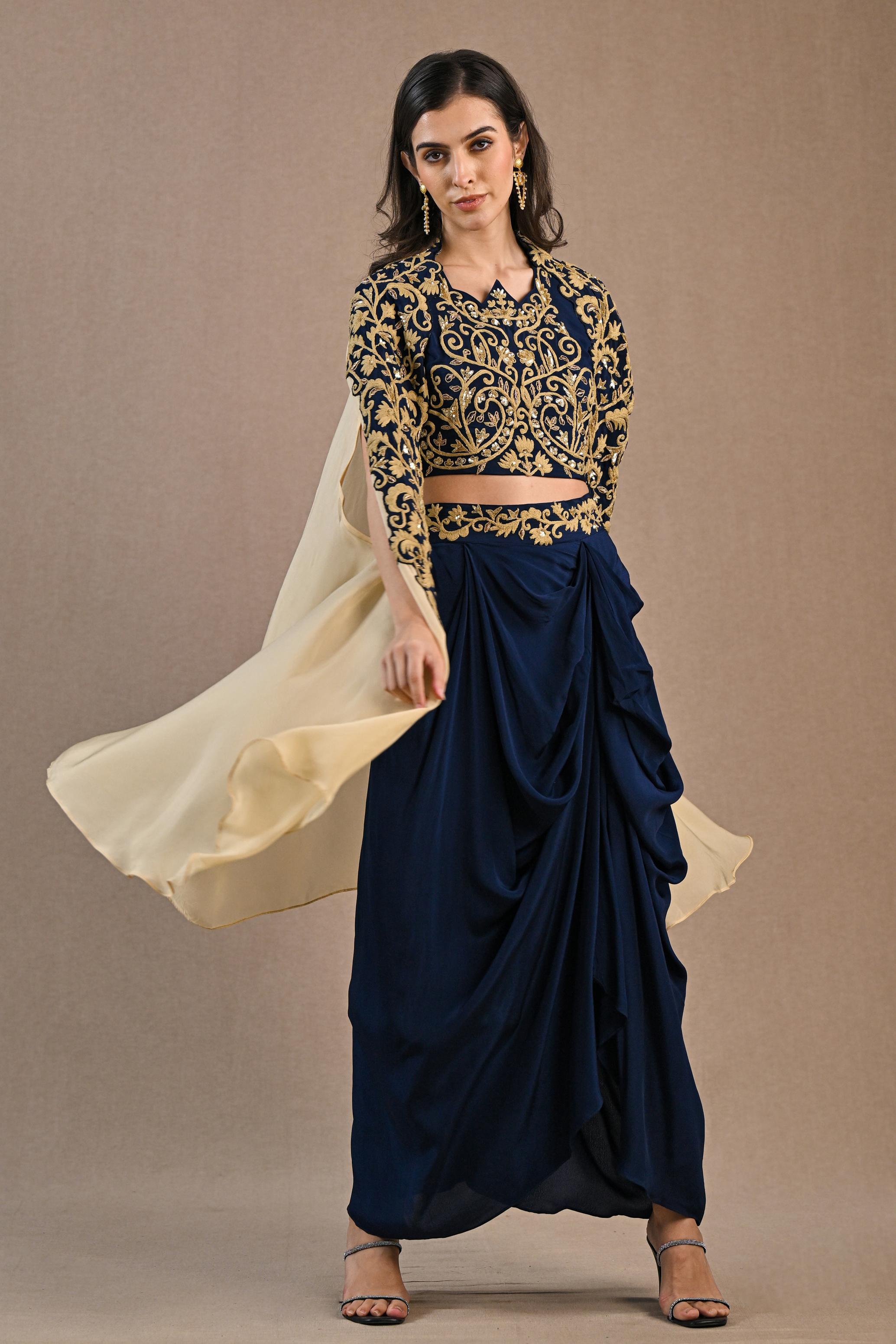 Blue Embroidered Chinon Silk Cape Set