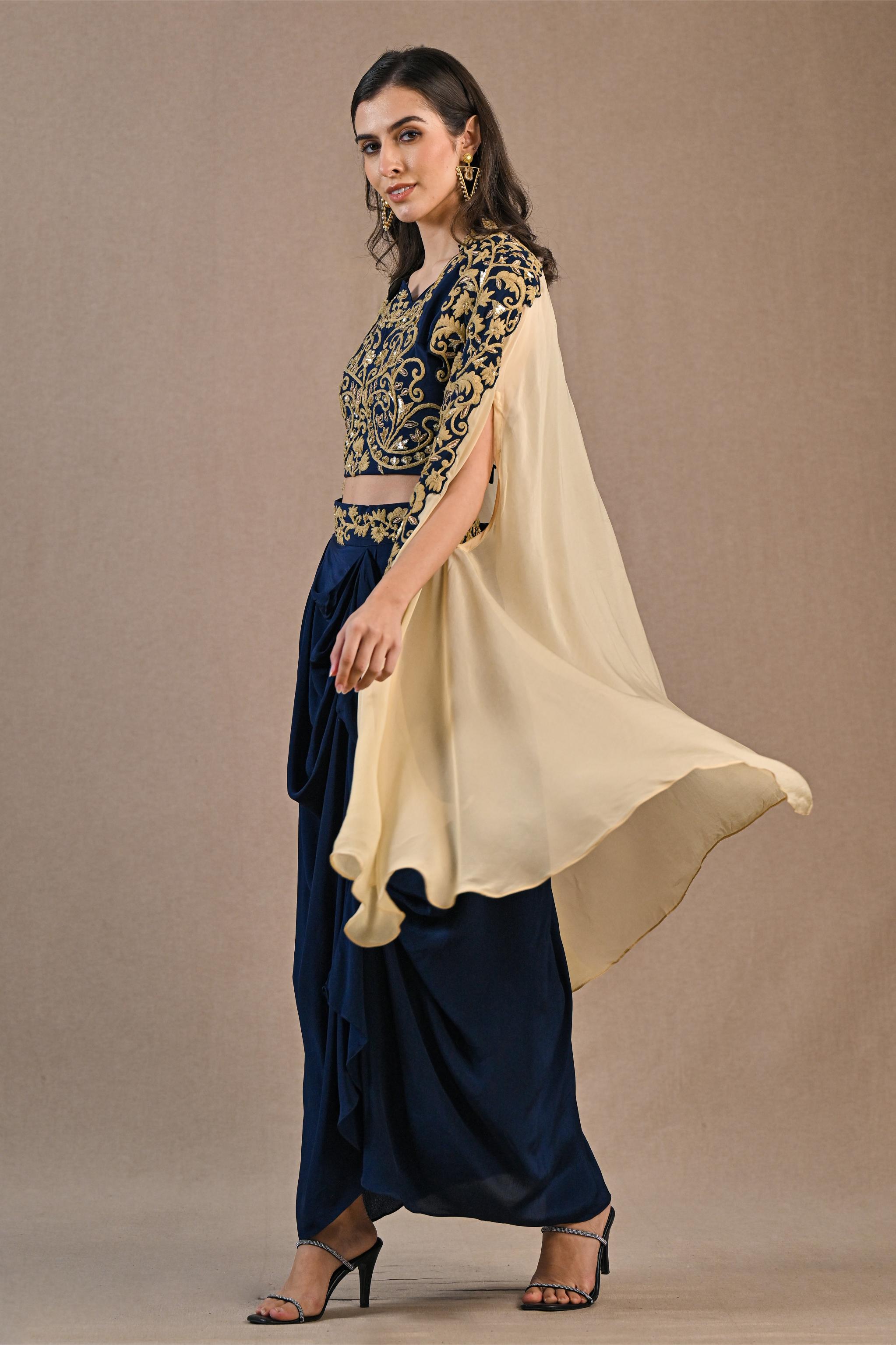 Blue Embroidered Chinon Silk Cape Set