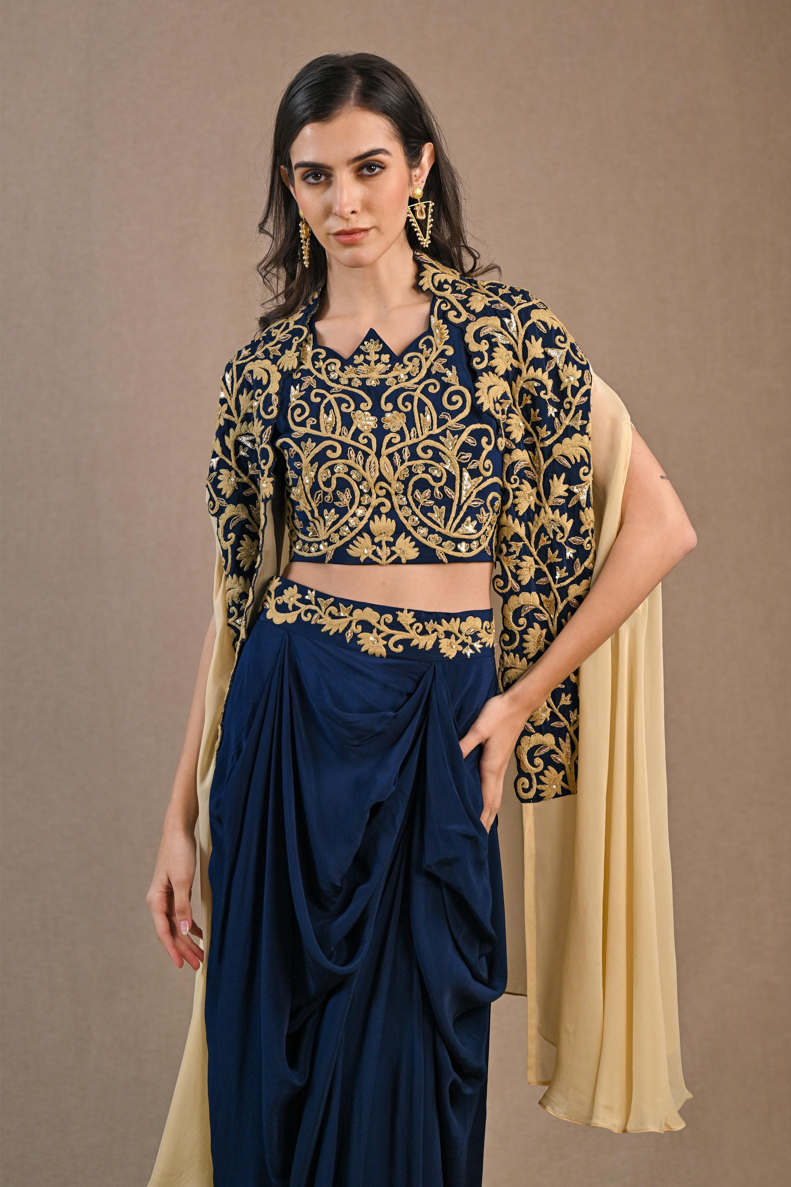 Blue Embroidered Chinon Silk Cape Set