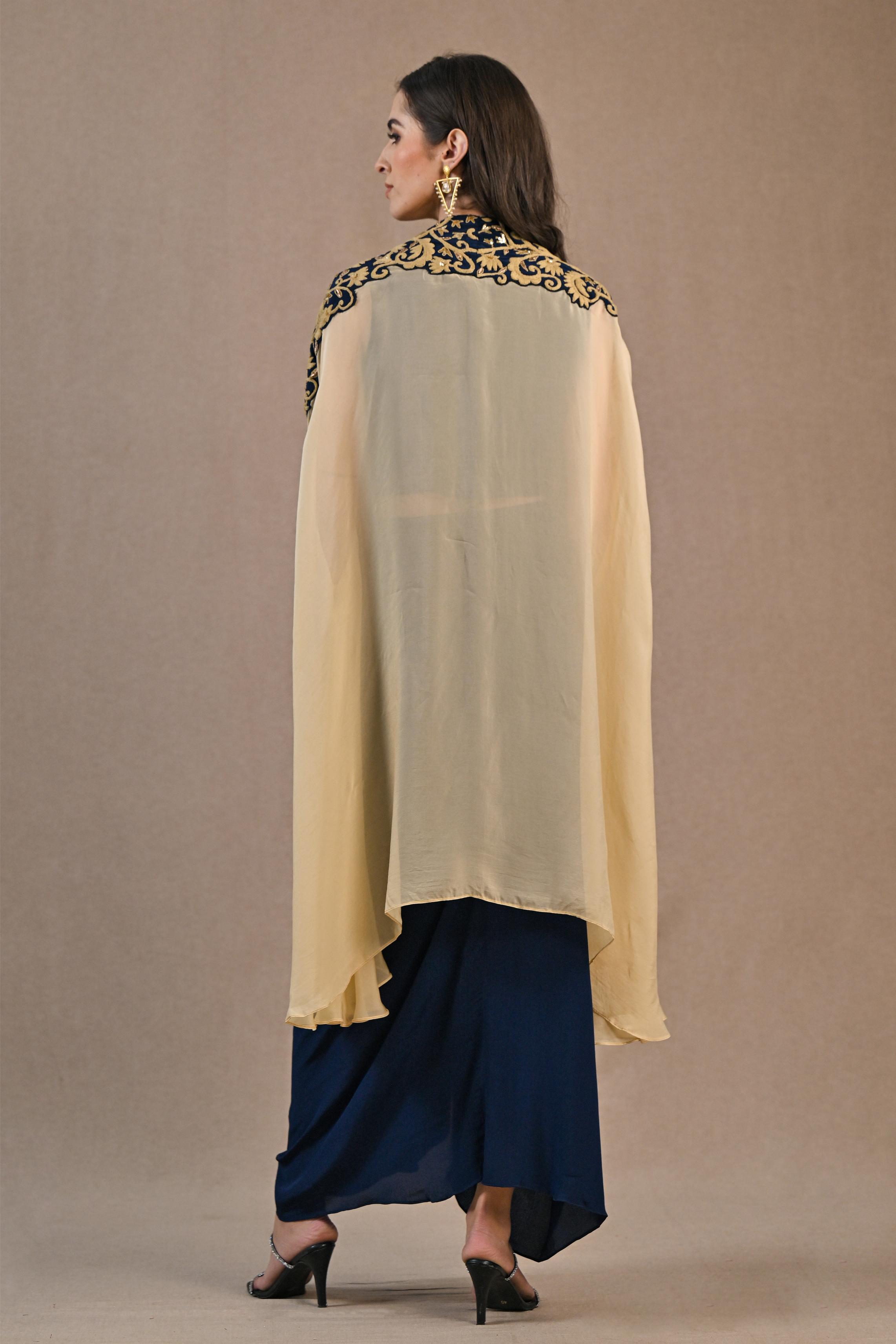 Blue Embroidered Chinon Silk Cape Set