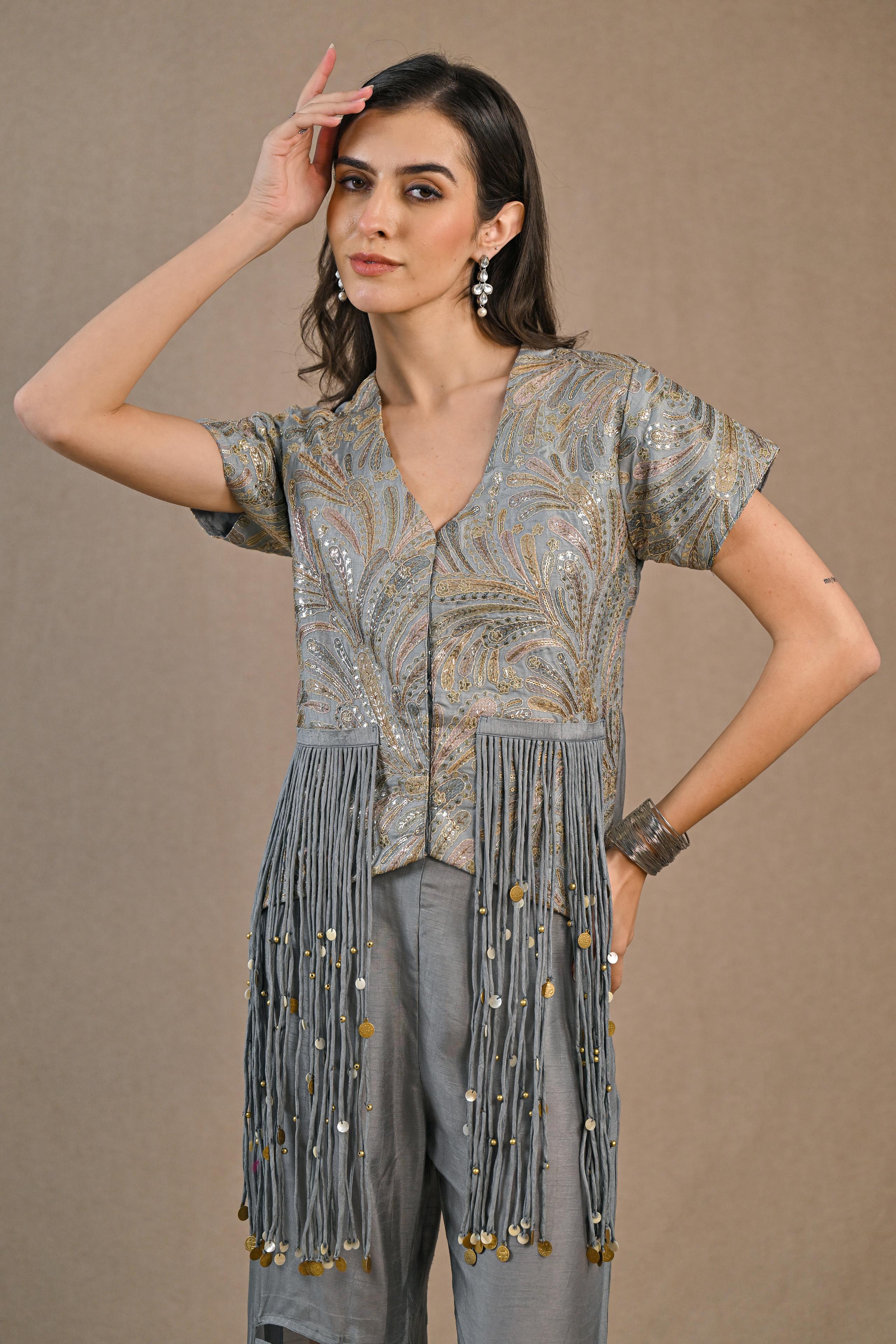 Grey Embellished Raw Silk Co-Ord Set