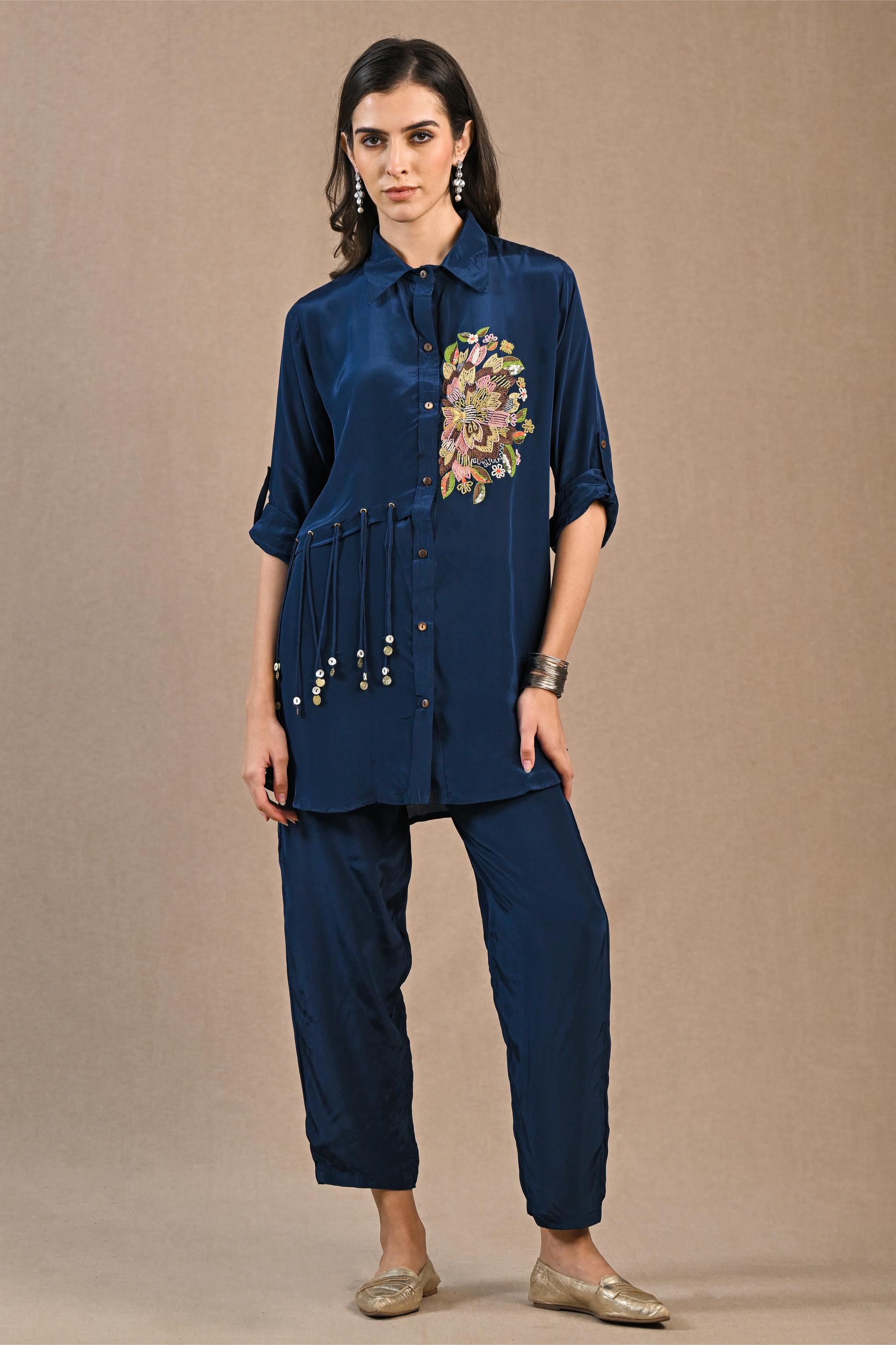 Dark Blue Embroidered Crepe Silk Co-Ord Set