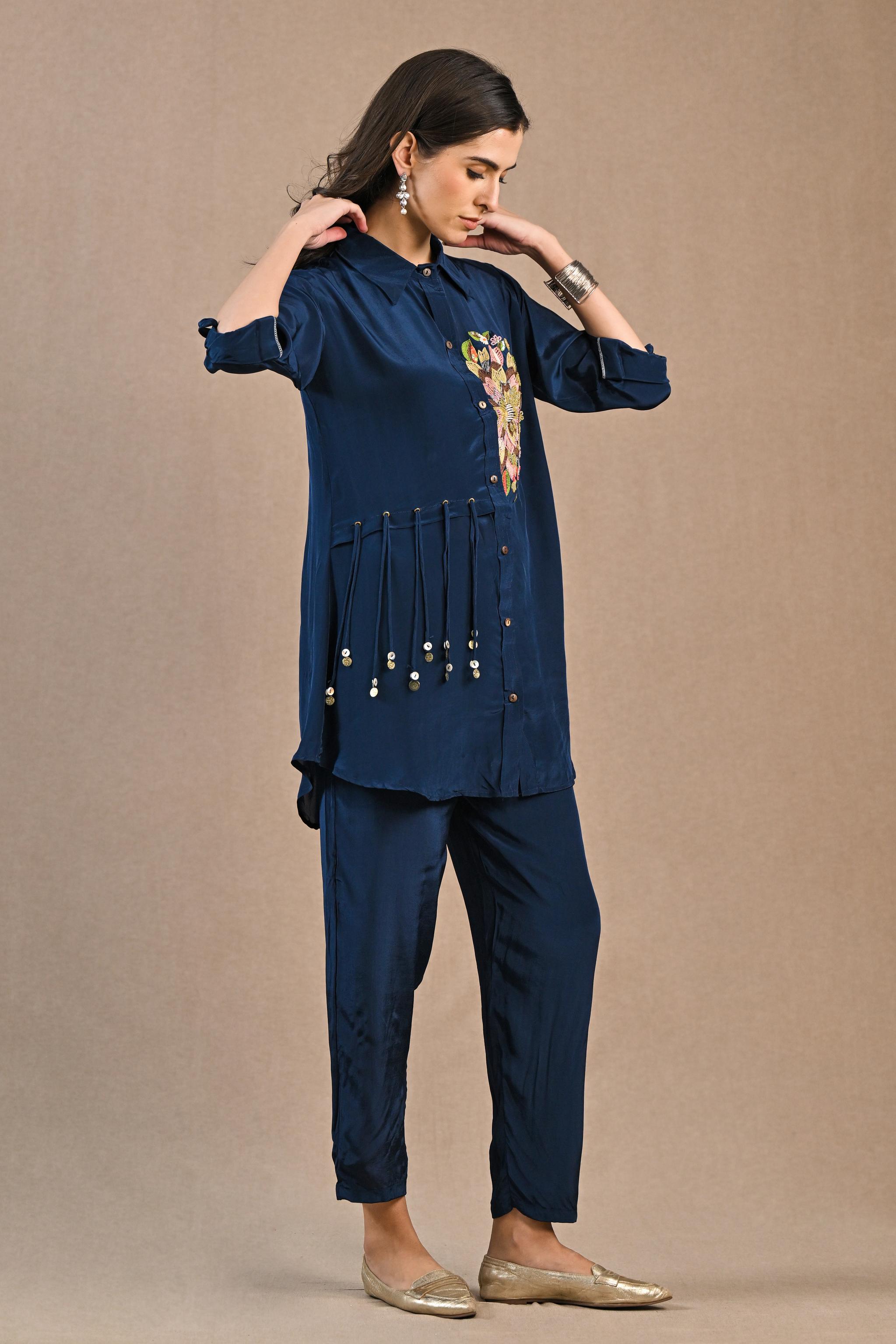 Dark Blue Embroidered Crepe Silk Co-Ord Set