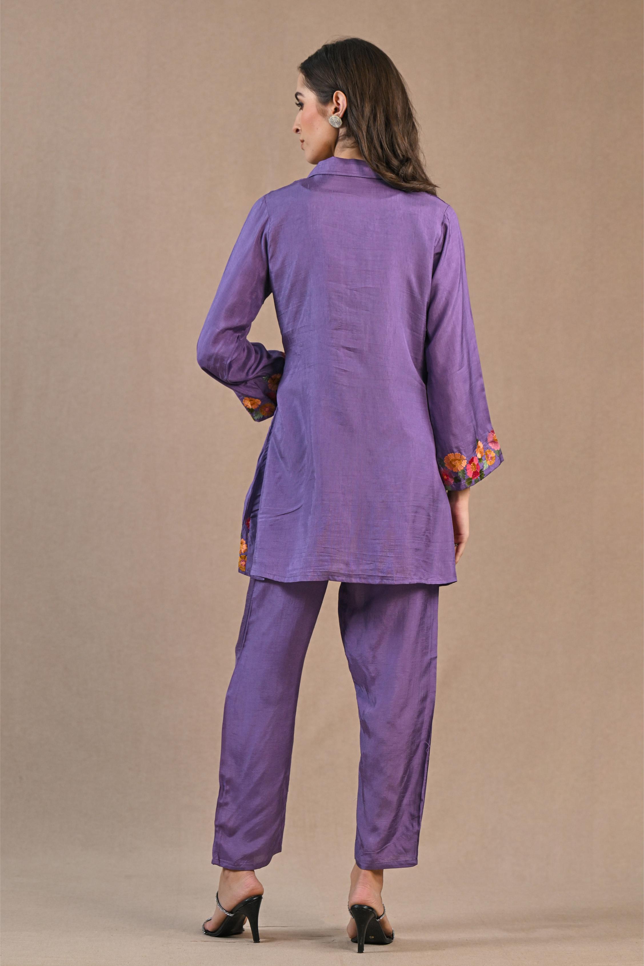 Light Purple Embroidered Raw Silk Co-Ord Set