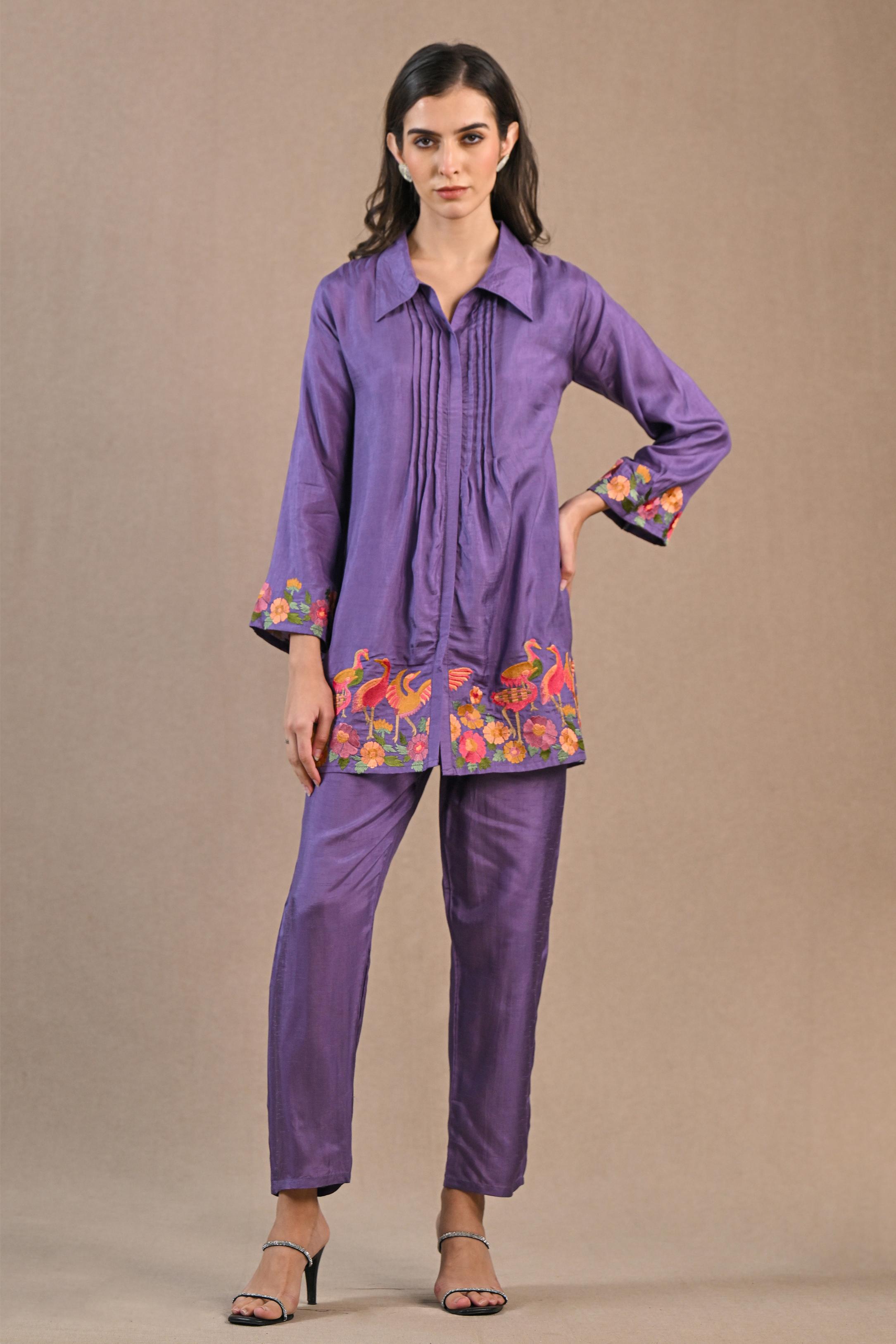 Light Purple Embroidered Raw Silk Co-Ord Set