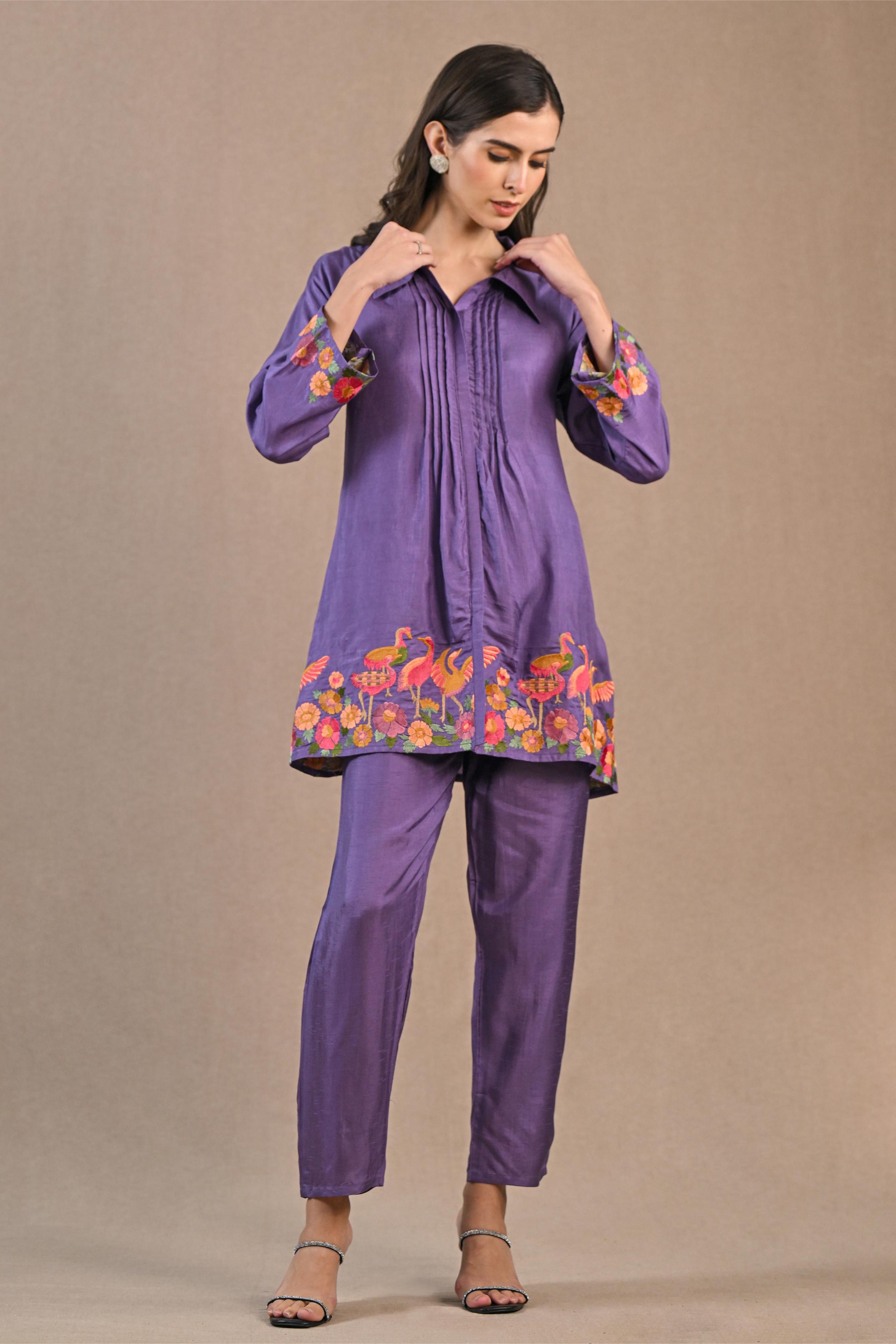 Light Purple Embroidered Raw Silk Co-Ord Set