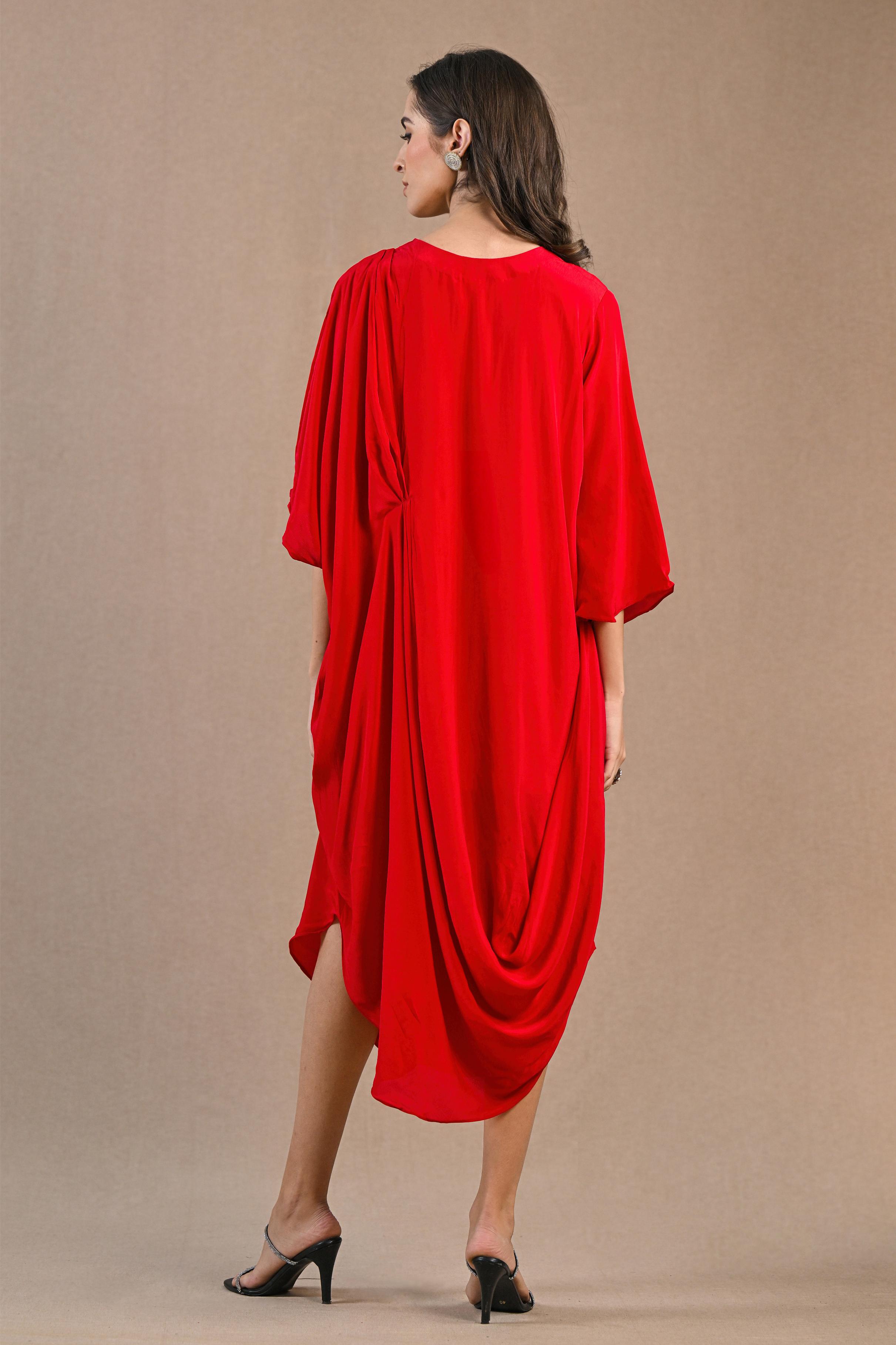 Hot Red Embroidered Crepe Silk Dress