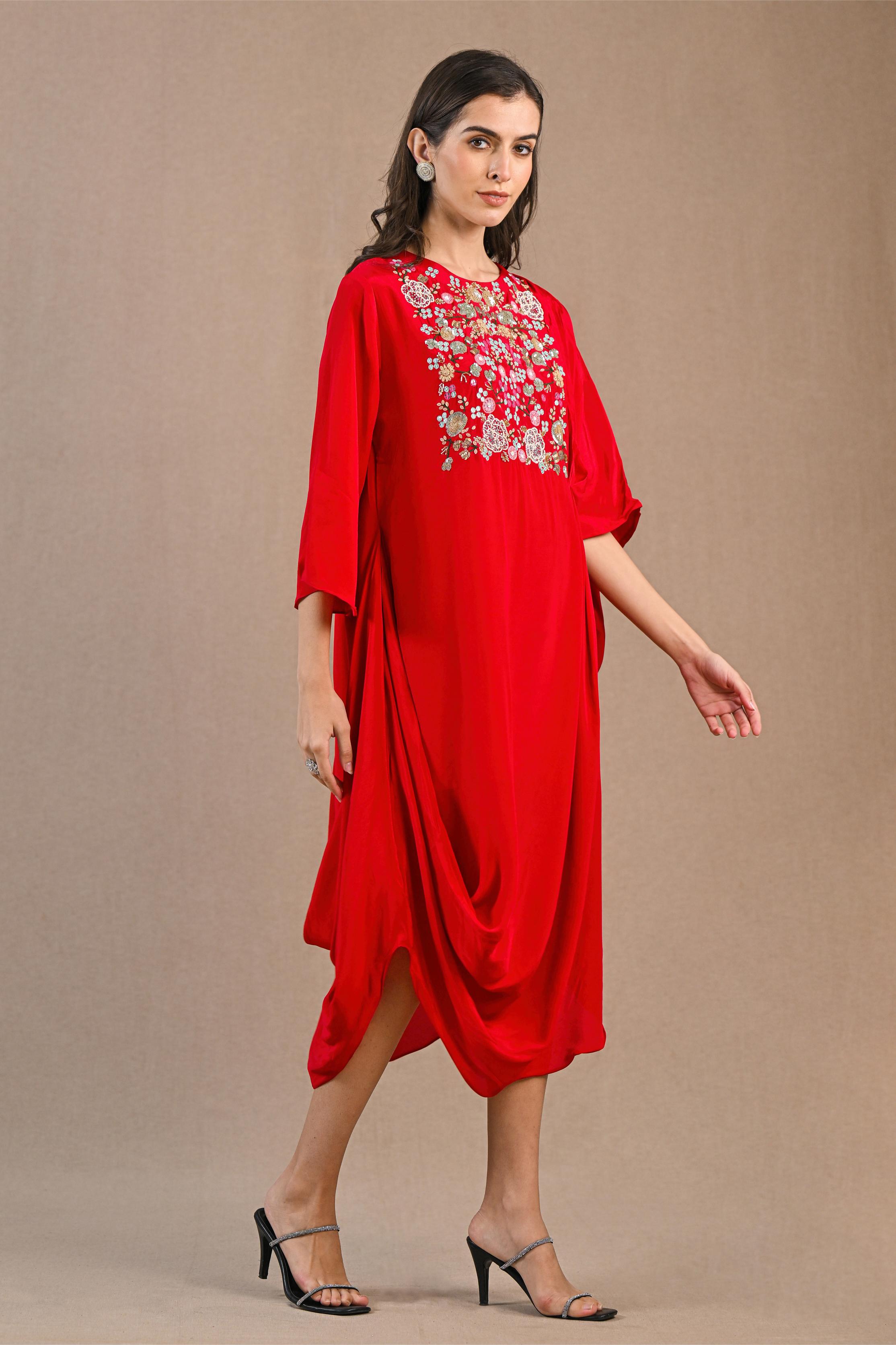 Hot Red Embroidered Crepe Silk Dress