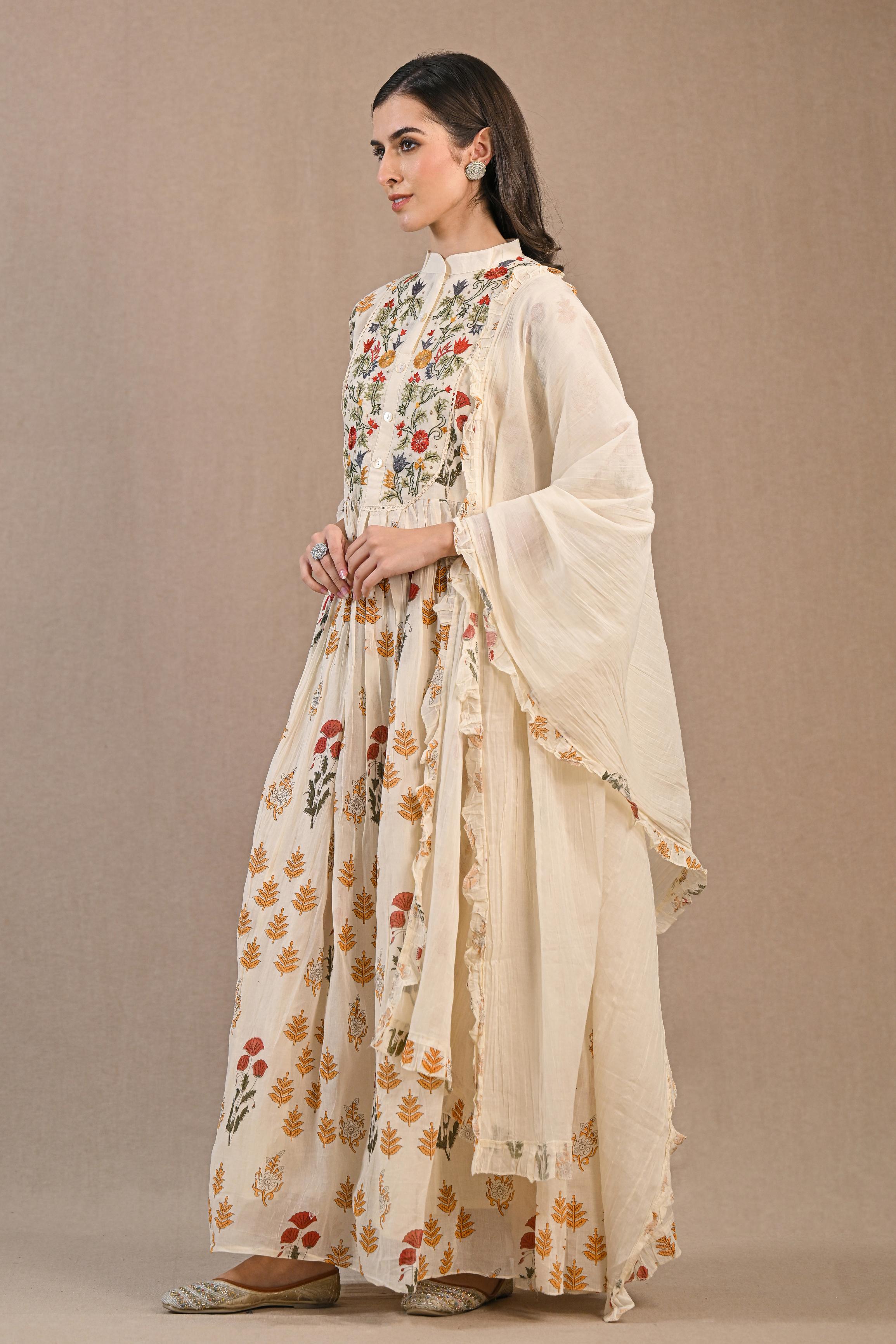 Pastel Cream Floral Printed Cotton Silk Anarkali Set