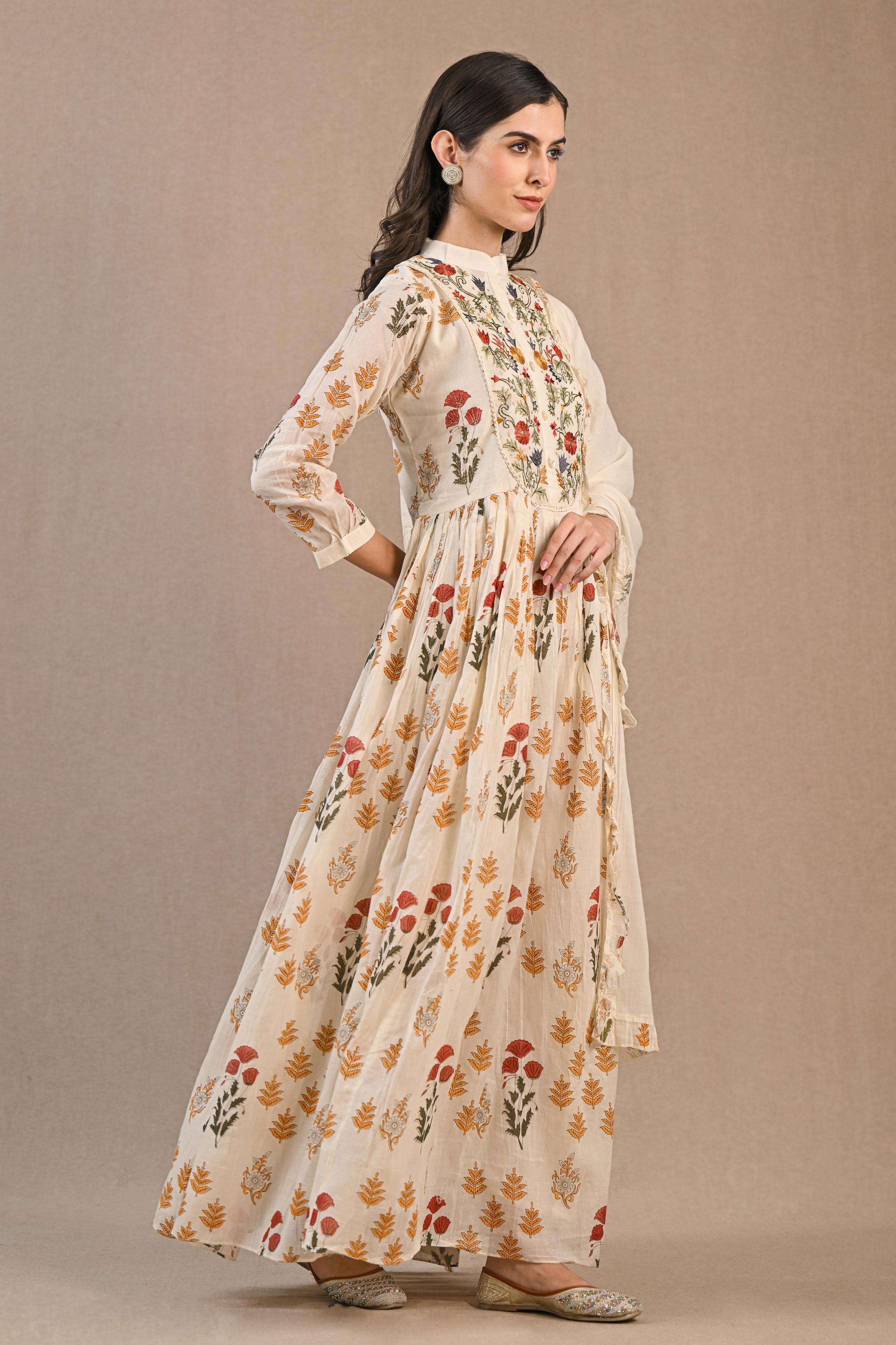 Pastel Cream Floral Printed Cotton Silk Anarkali Set