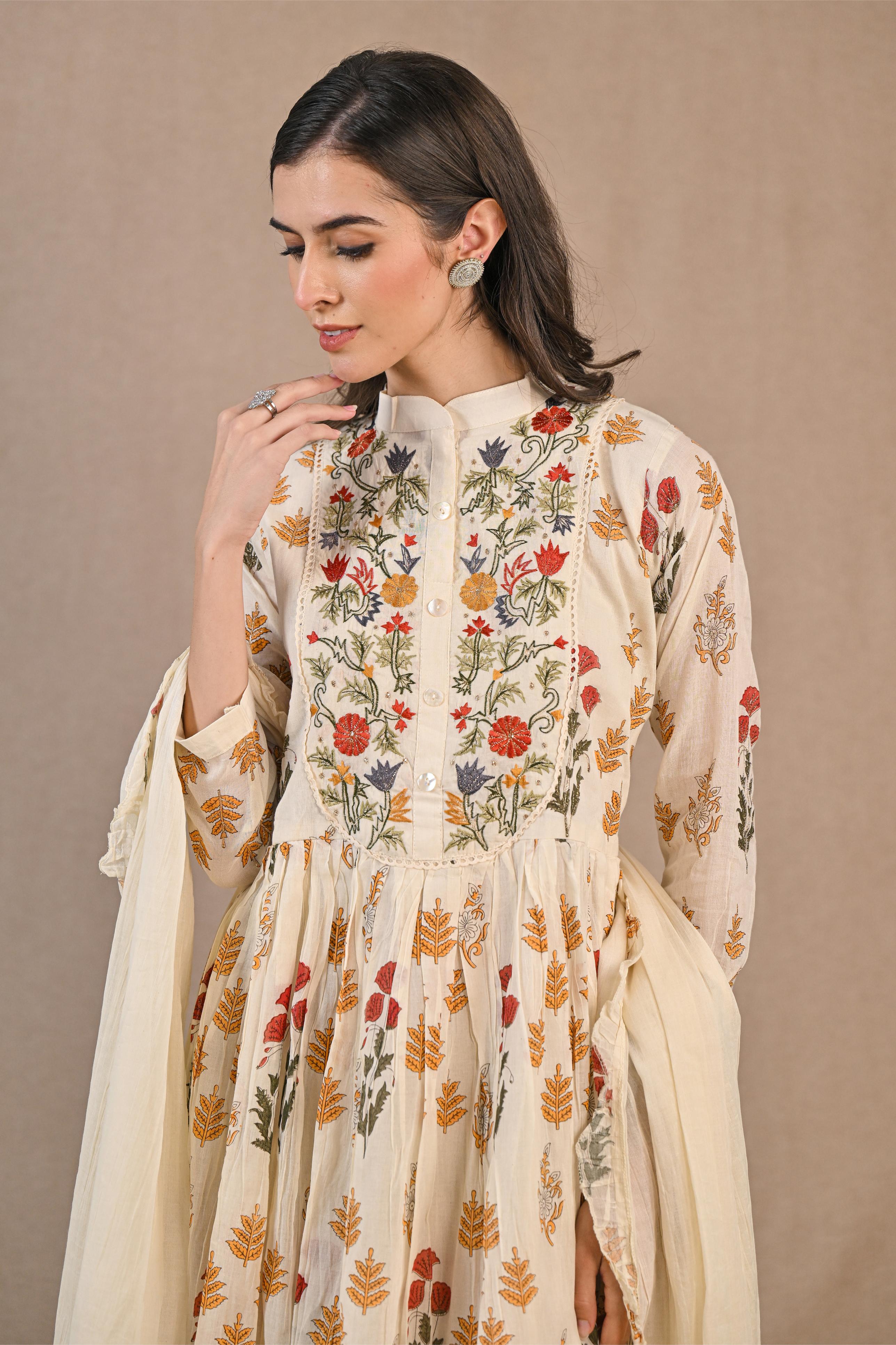 Pastel Cream Floral Printed Cotton Silk Anarkali Set