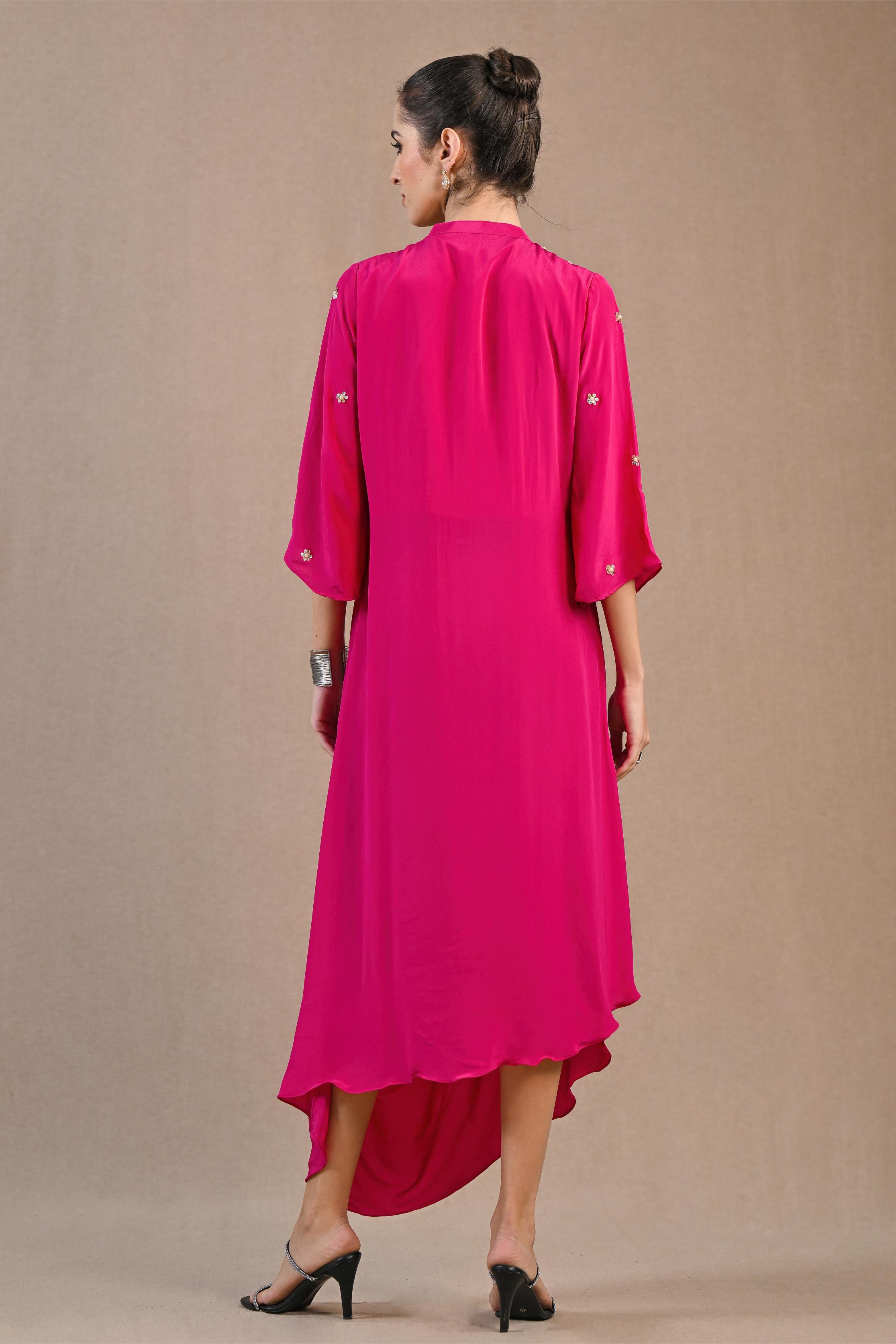 Pink Embroidered Crepe Silk Draped Gown