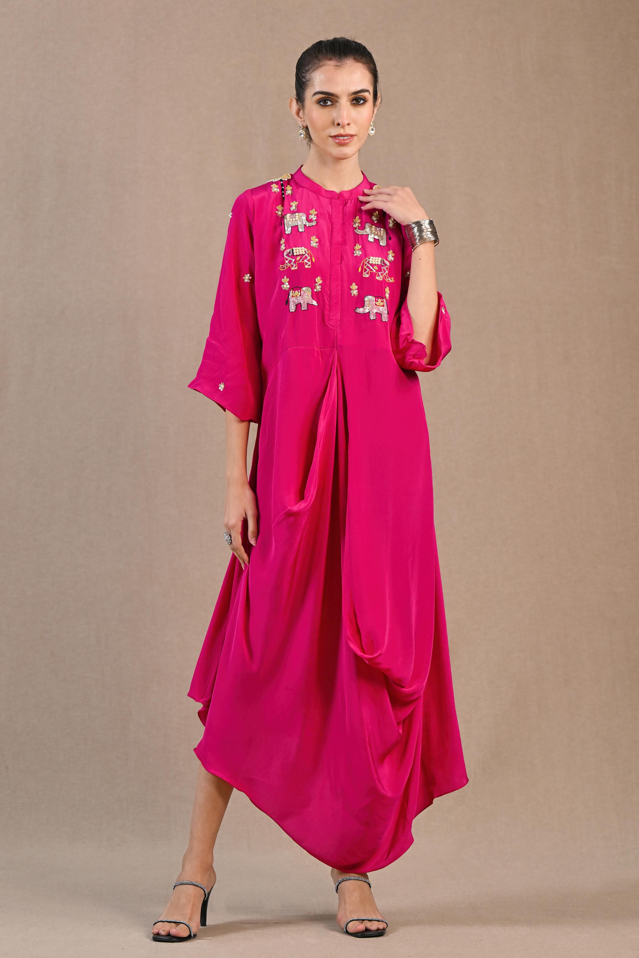 Pink Embroidered Crepe Silk Draped Gown