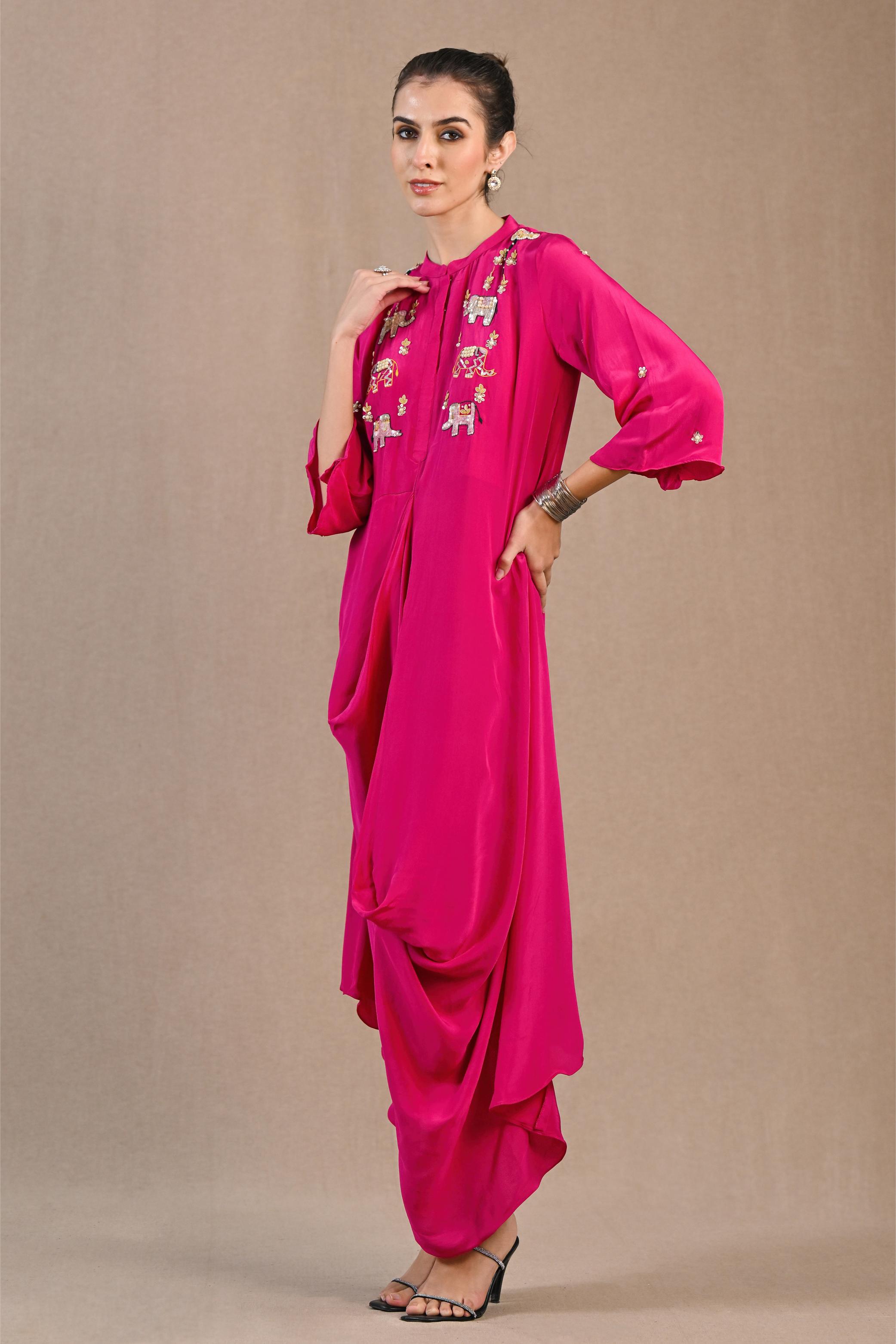 Pink Embroidered Crepe Silk Draped Gown