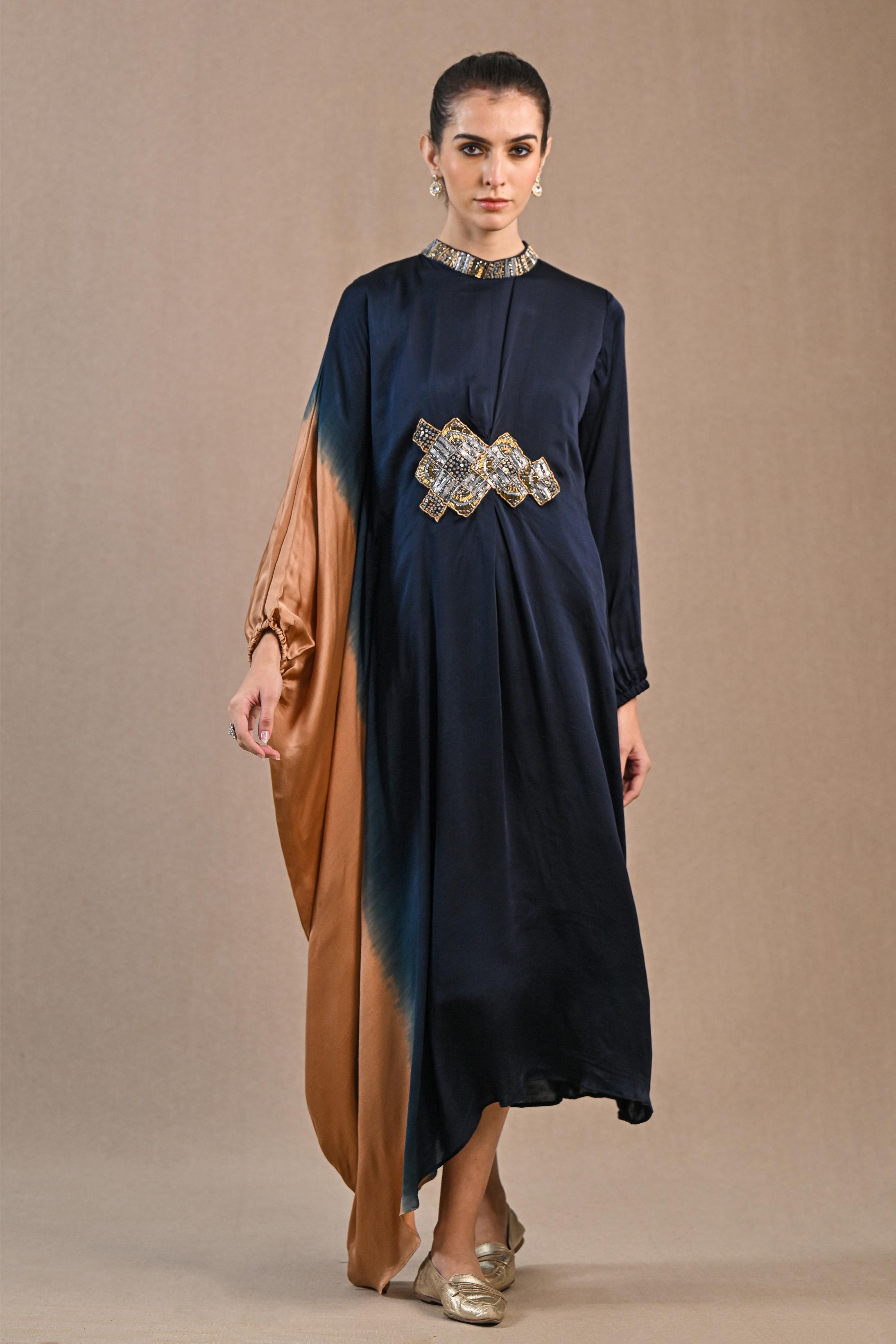 Deep Blue Ombre-Dyed Satin Silk Kaftan