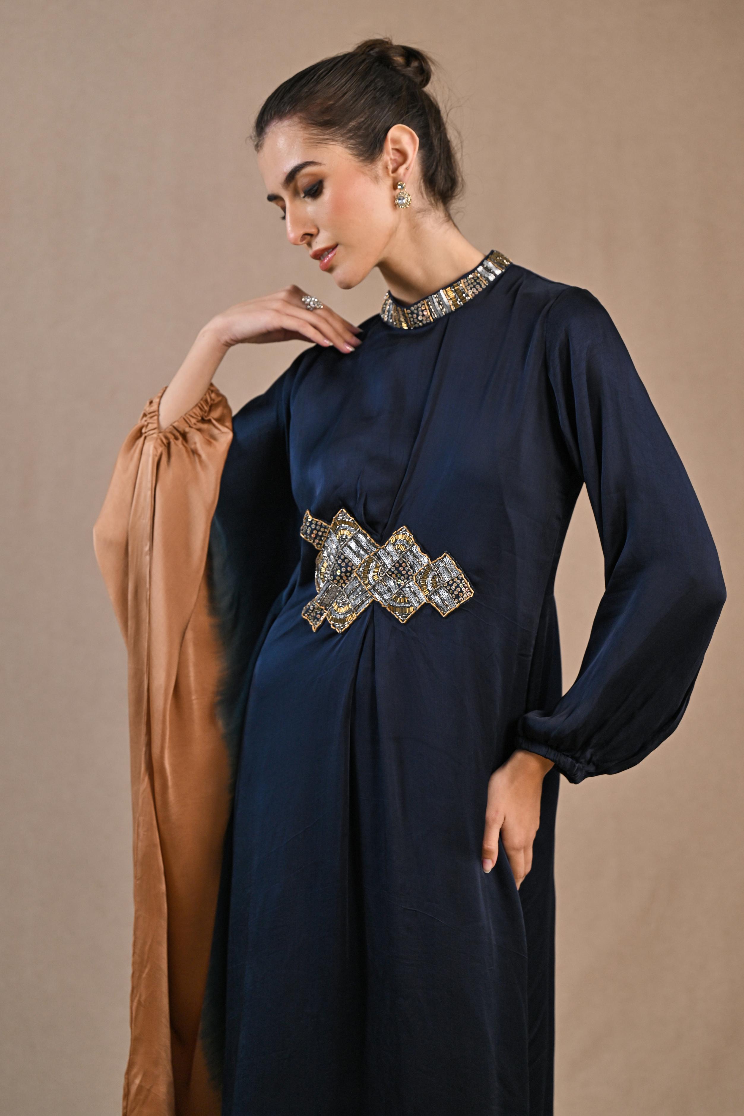 Deep Blue Ombre-Dyed Satin Silk Kaftan