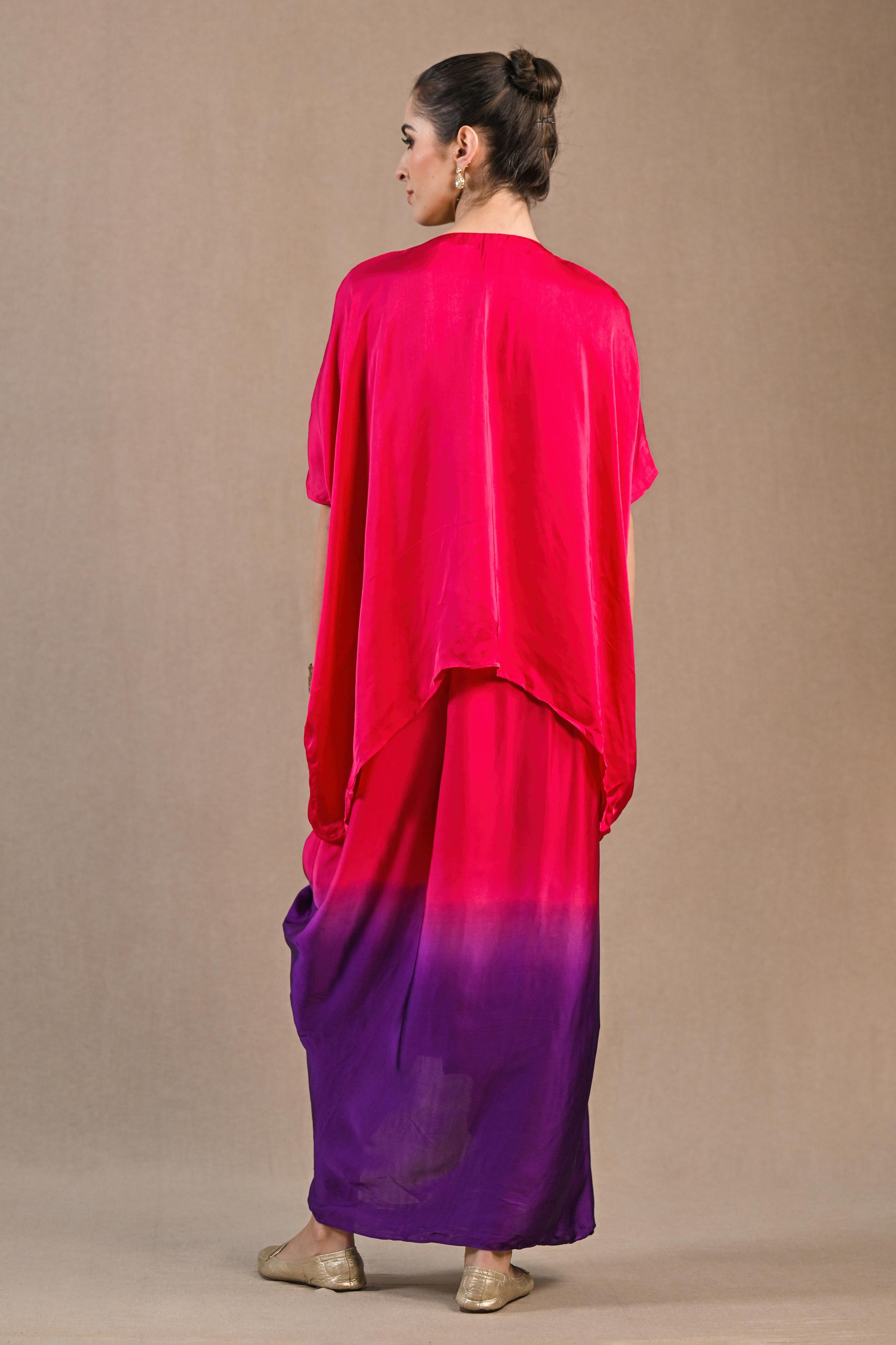 Bright Pink Ombre-Dyed Satin Silk Kaftan & Skirt Set