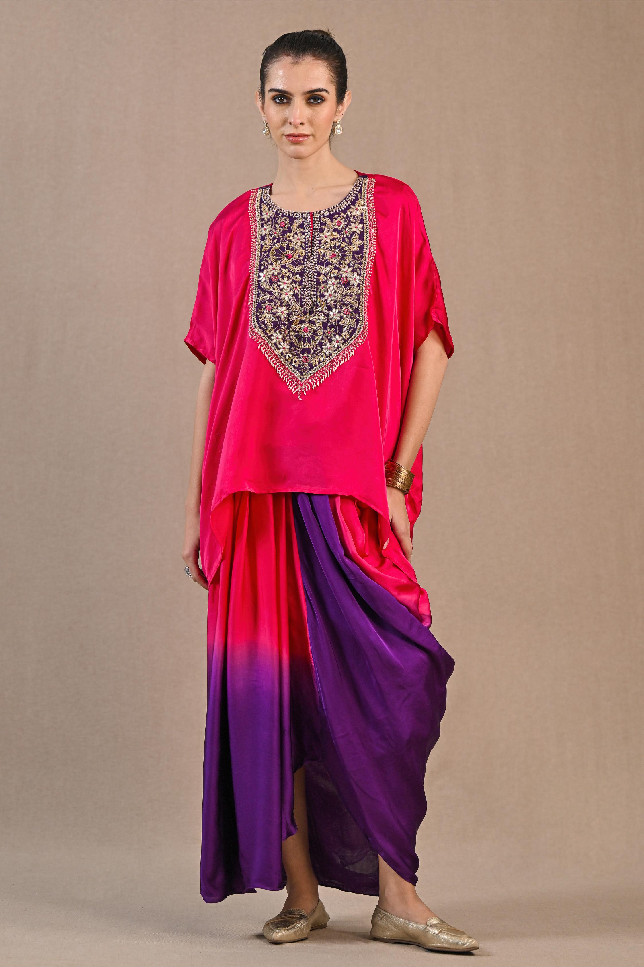 Bright Pink Ombre-Dyed Satin Silk Kaftan & Skirt Set