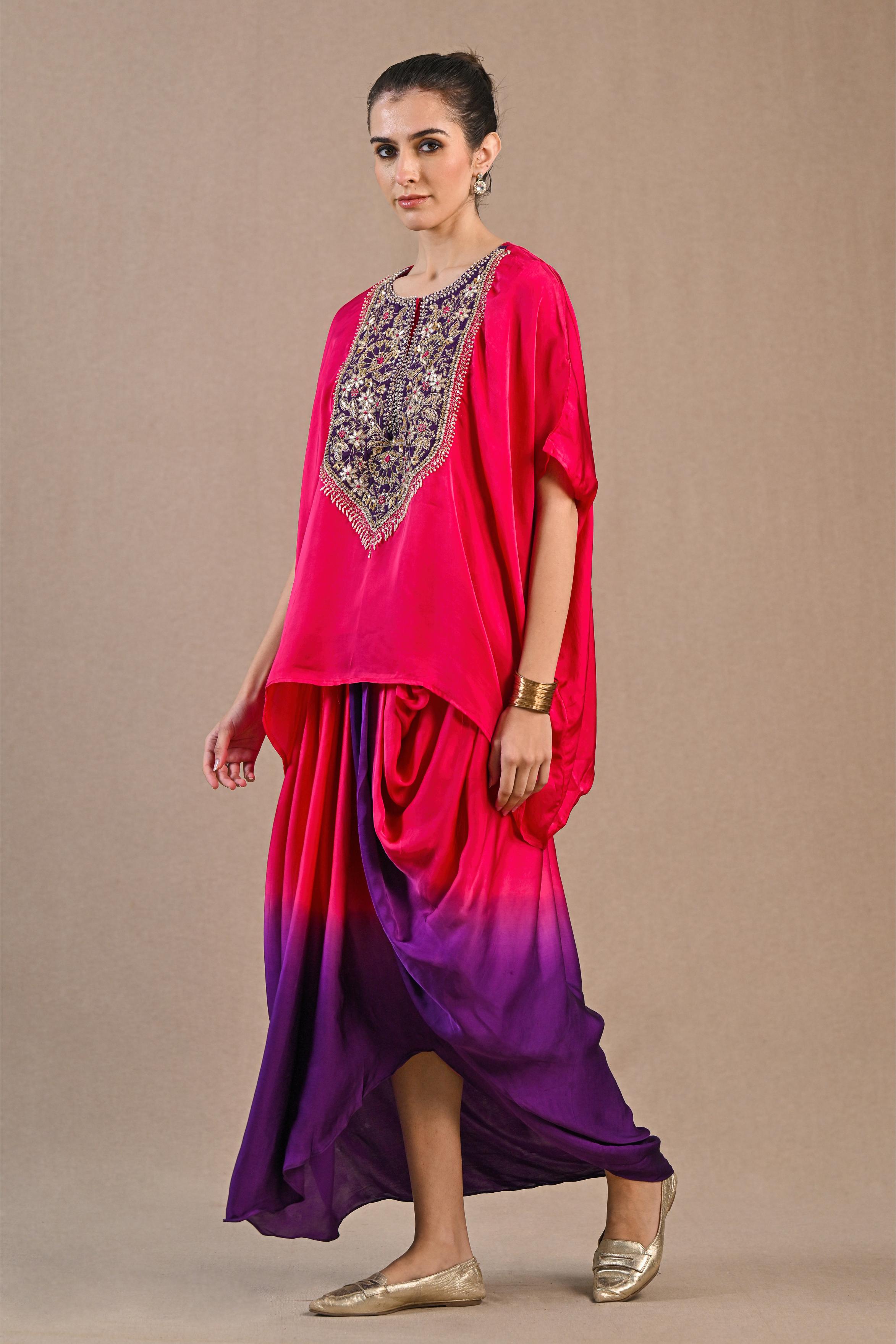 Bright Pink Ombre-Dyed Satin Silk Kaftan & Skirt Set