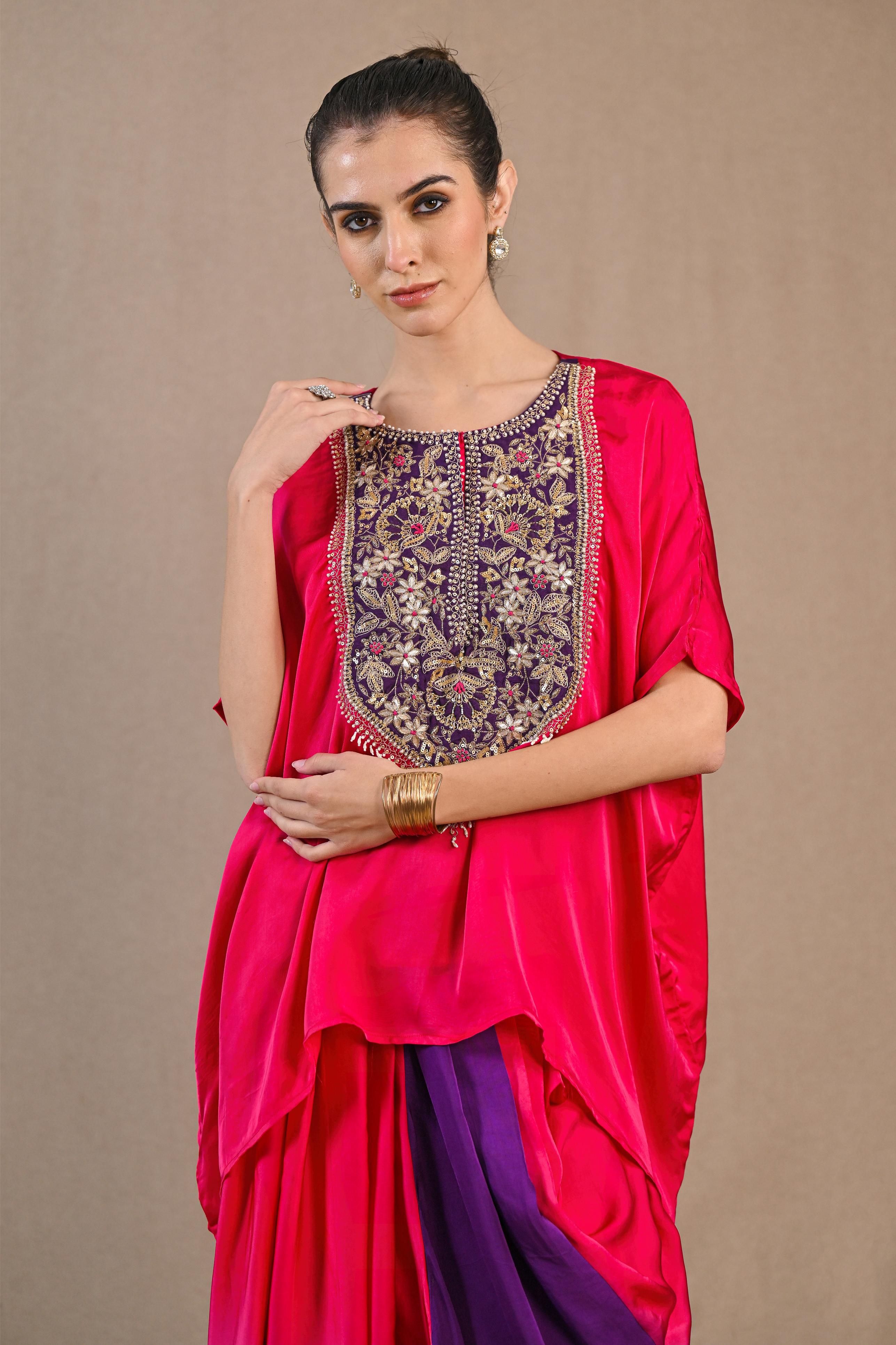 Bright Pink Ombre-Dyed Satin Silk Kaftan & Skirt Set