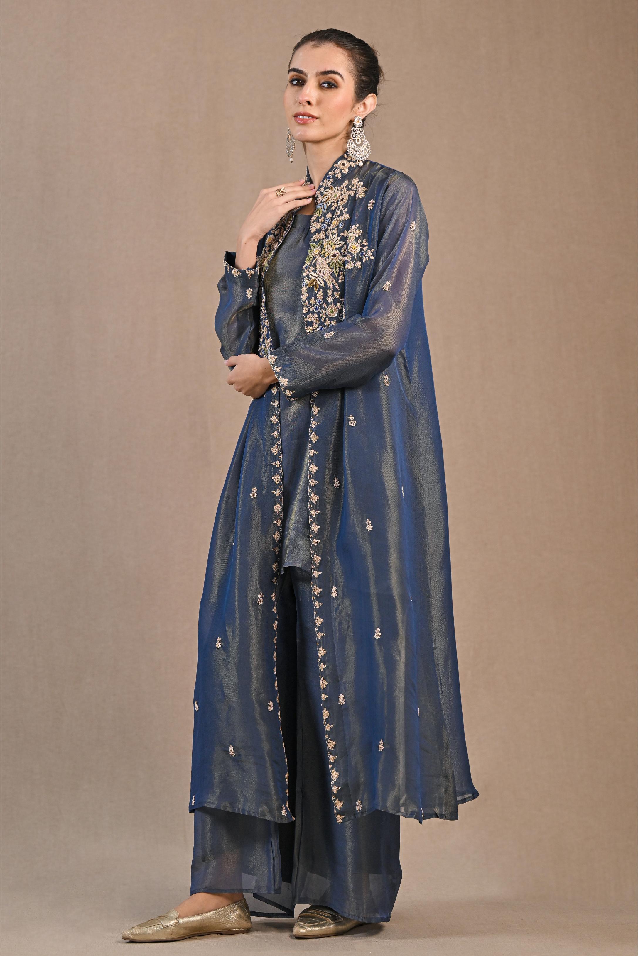 Blue Embellished Shimmer Silk Cape Set