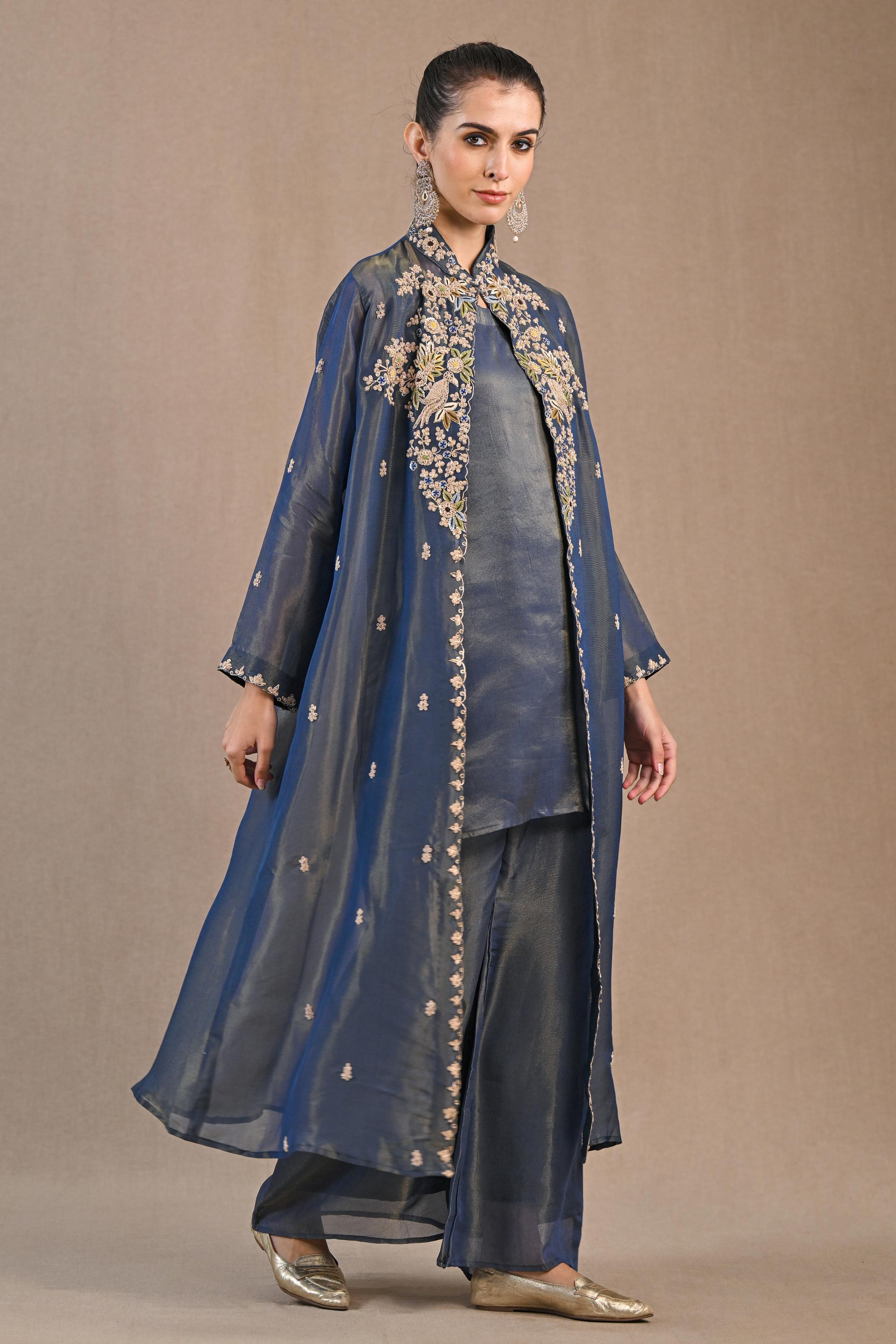 Blue Embellished Shimmer Silk Cape Set