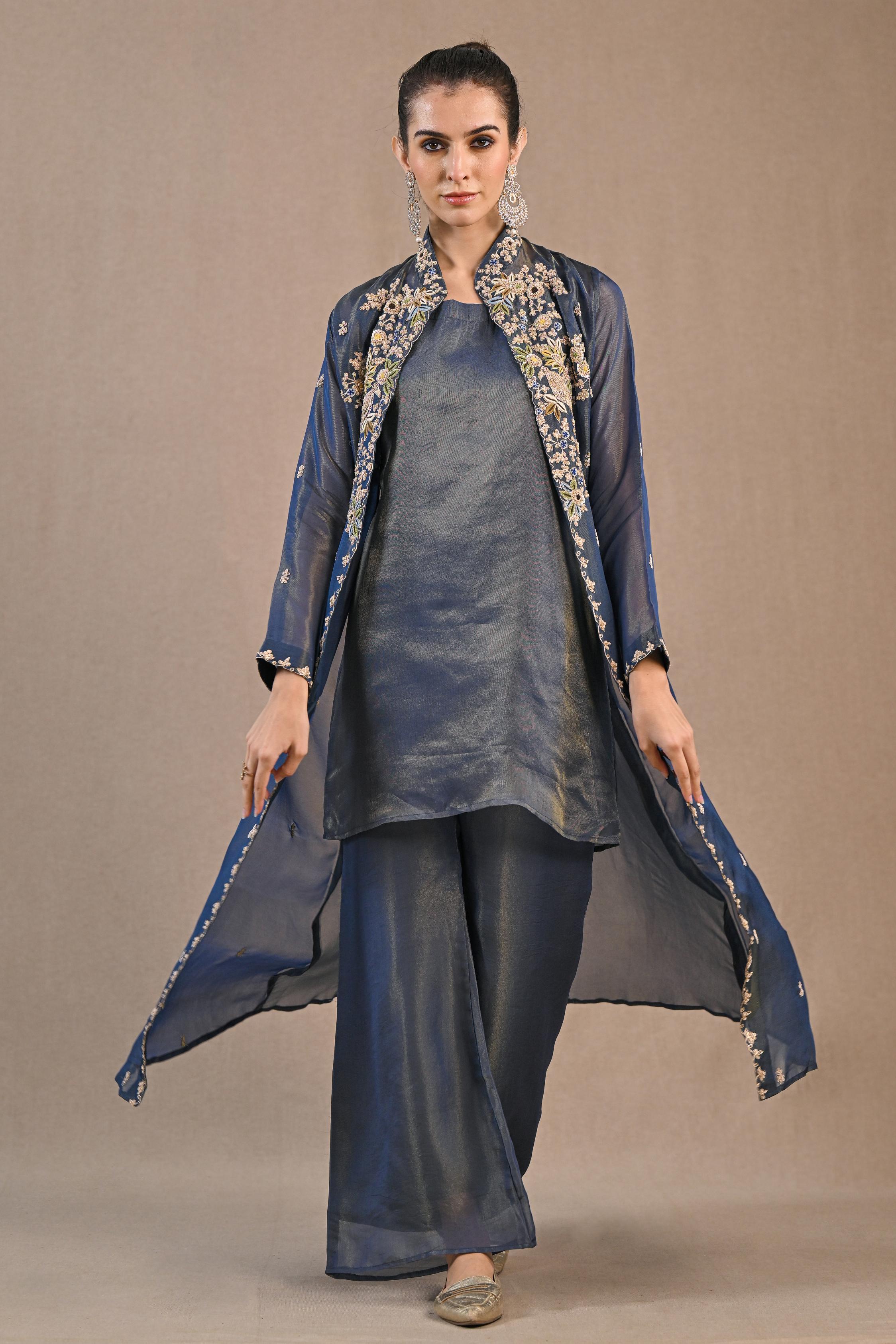 Blue Embellished Shimmer Silk Cape Set