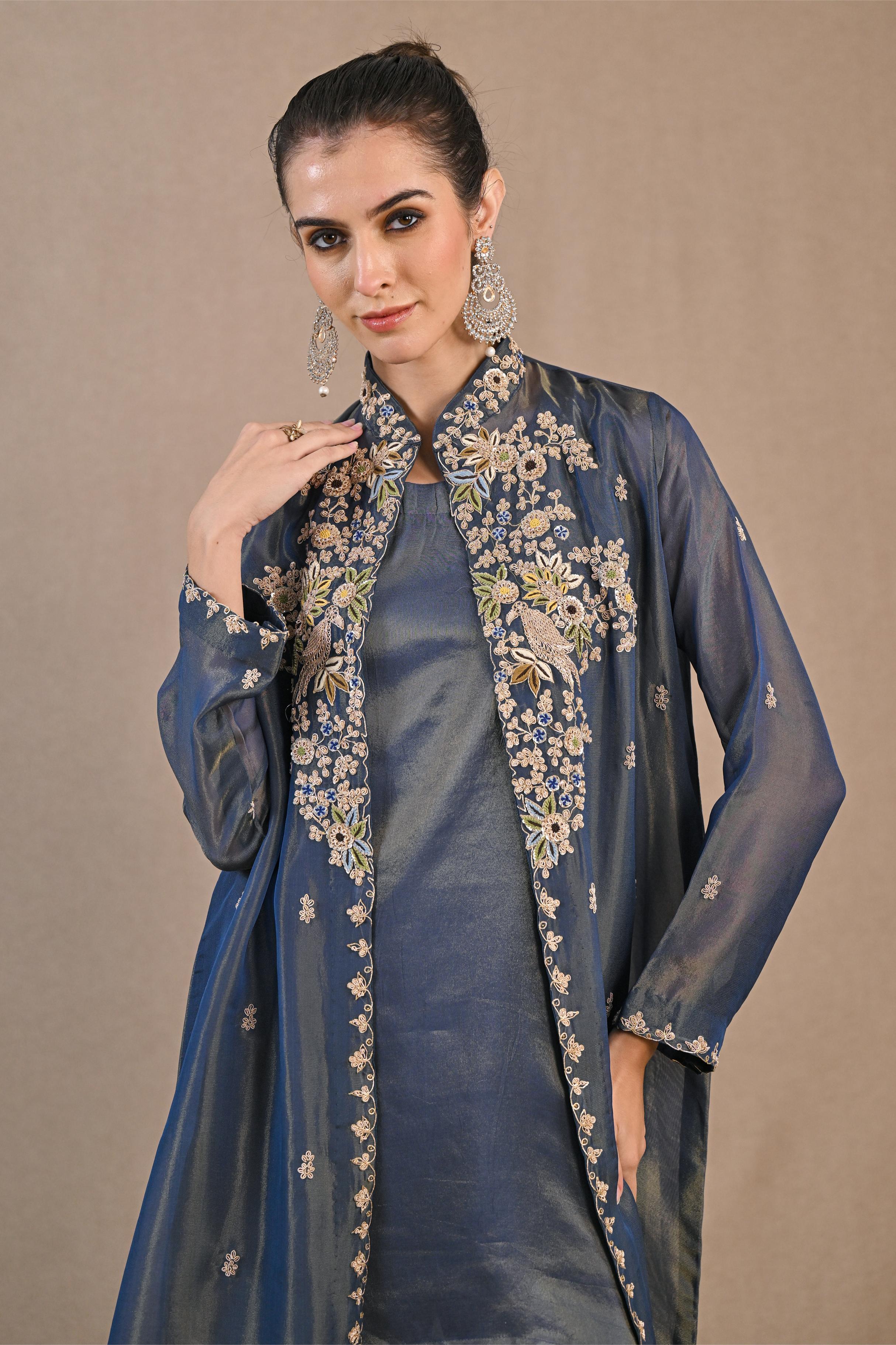 Blue Embellished Shimmer Silk Cape Set