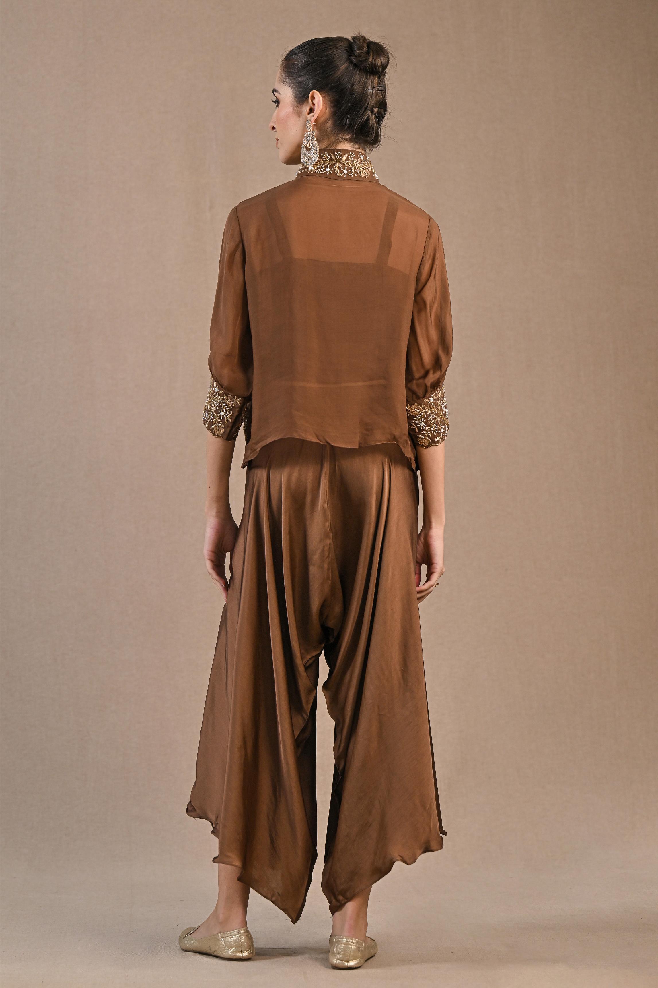 Brown Organza Silk Jacket & Palazzo Set