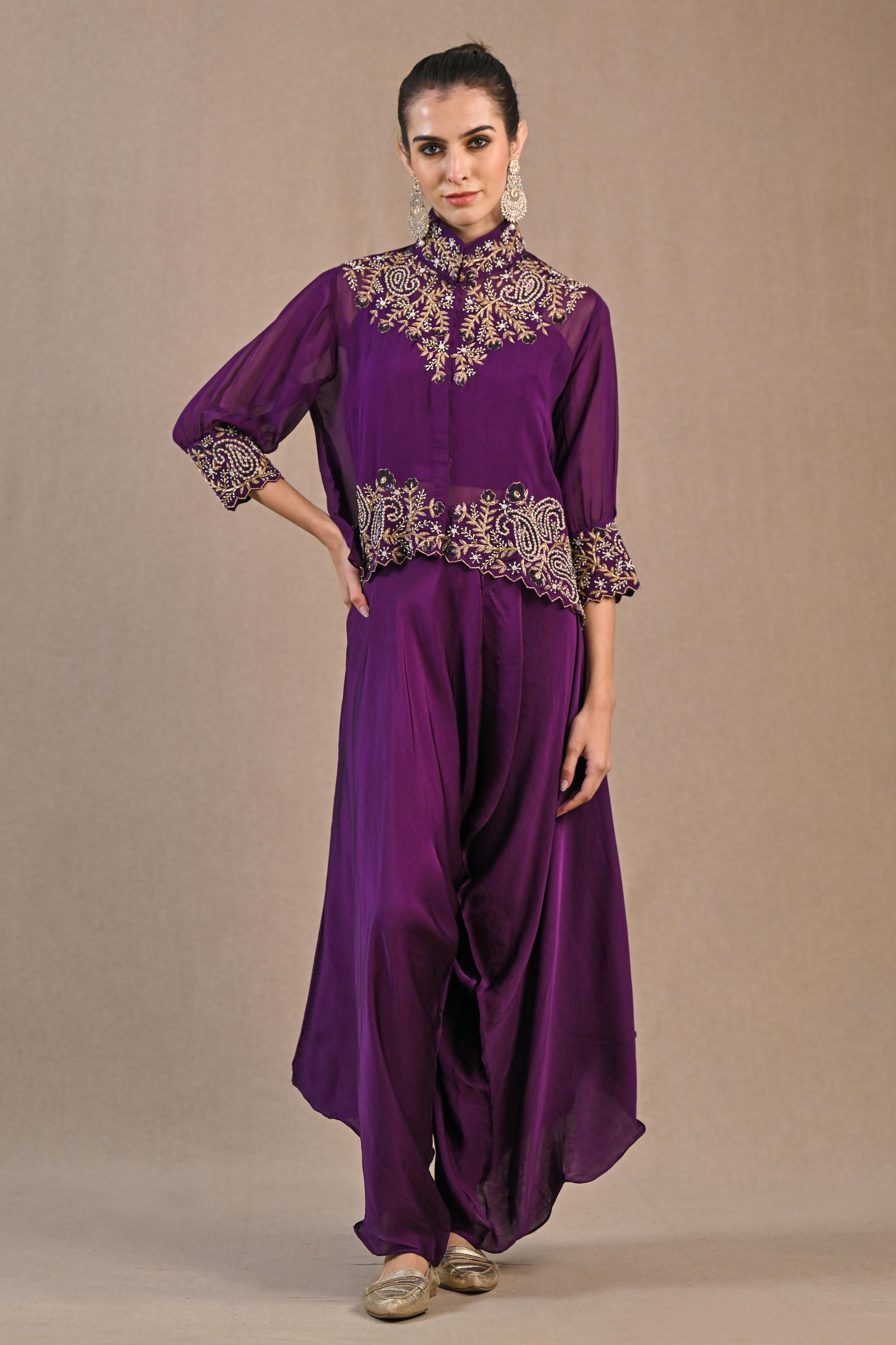 Purple Organza Silk Jacket & Palazzo Set