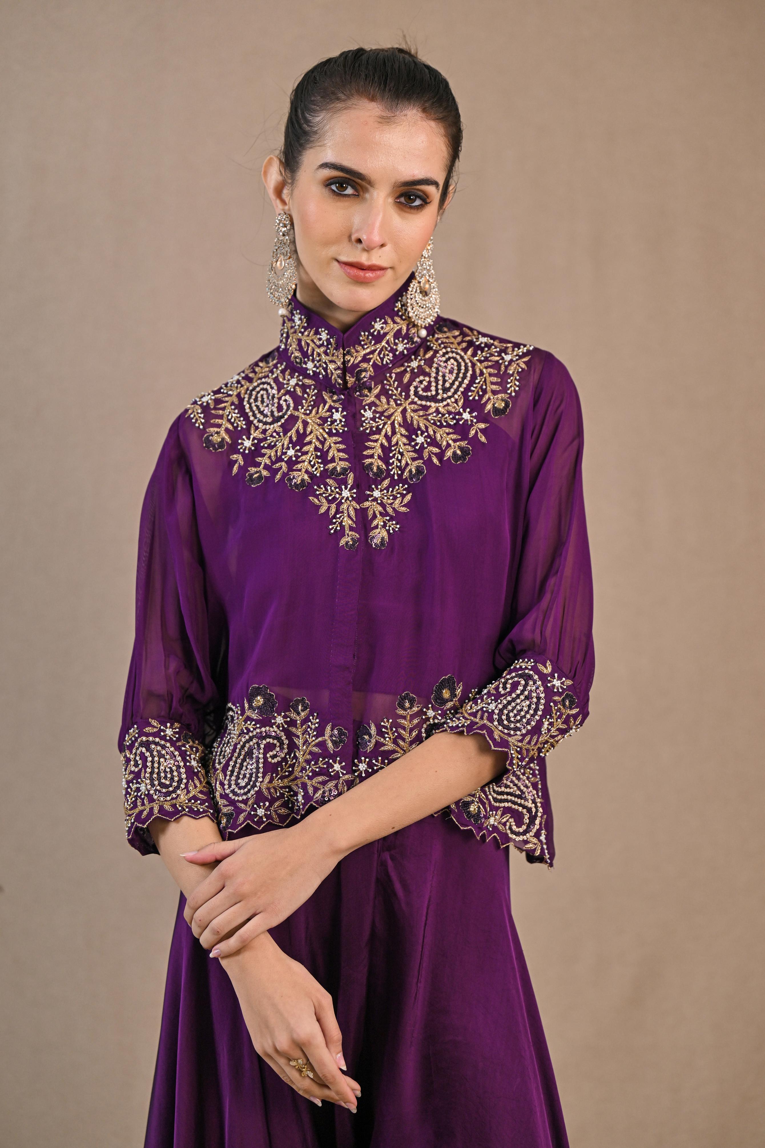 Purple Organza Silk Jacket & Palazzo Set