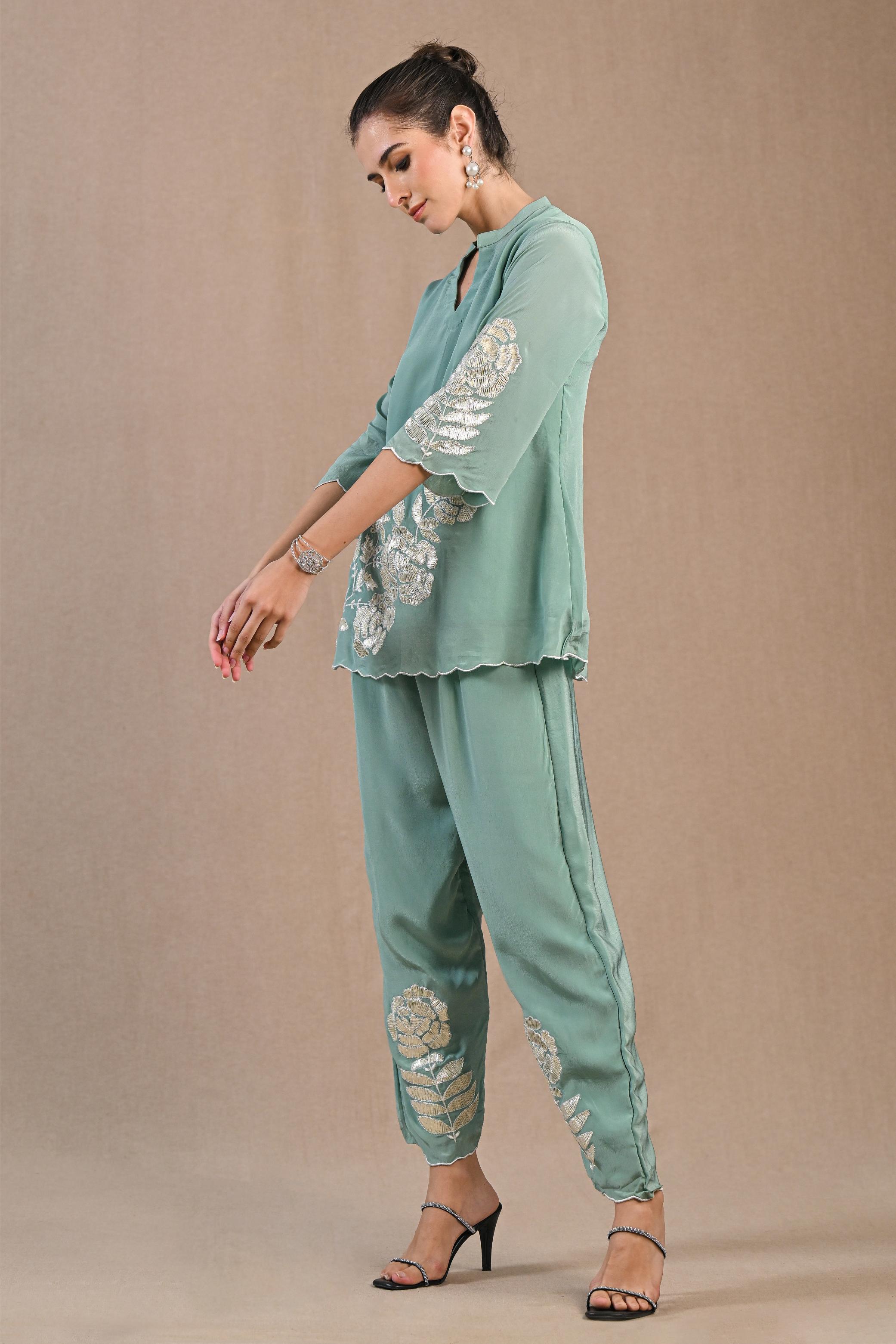 Turquoise Embellished Premium Silk Co-Ord Set