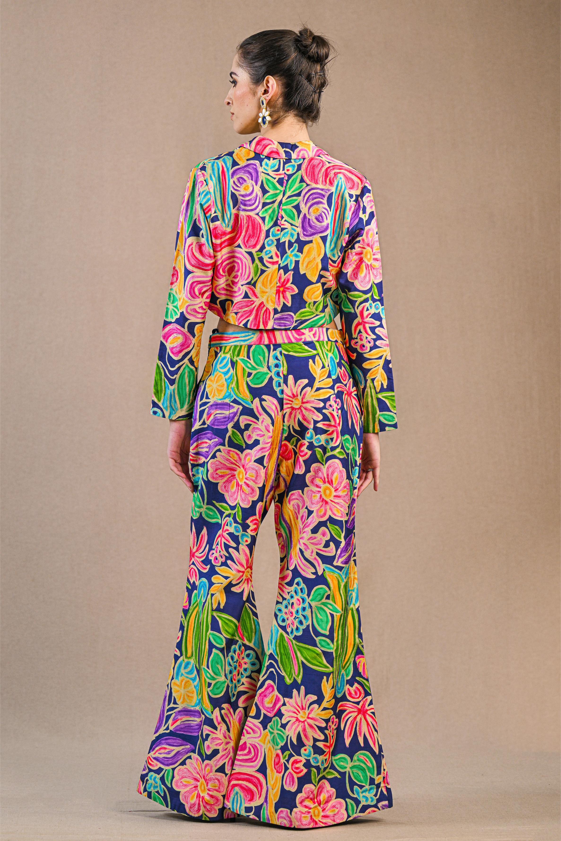 Blue Floral Printed Raw Silk Jacket Co-Ord Set