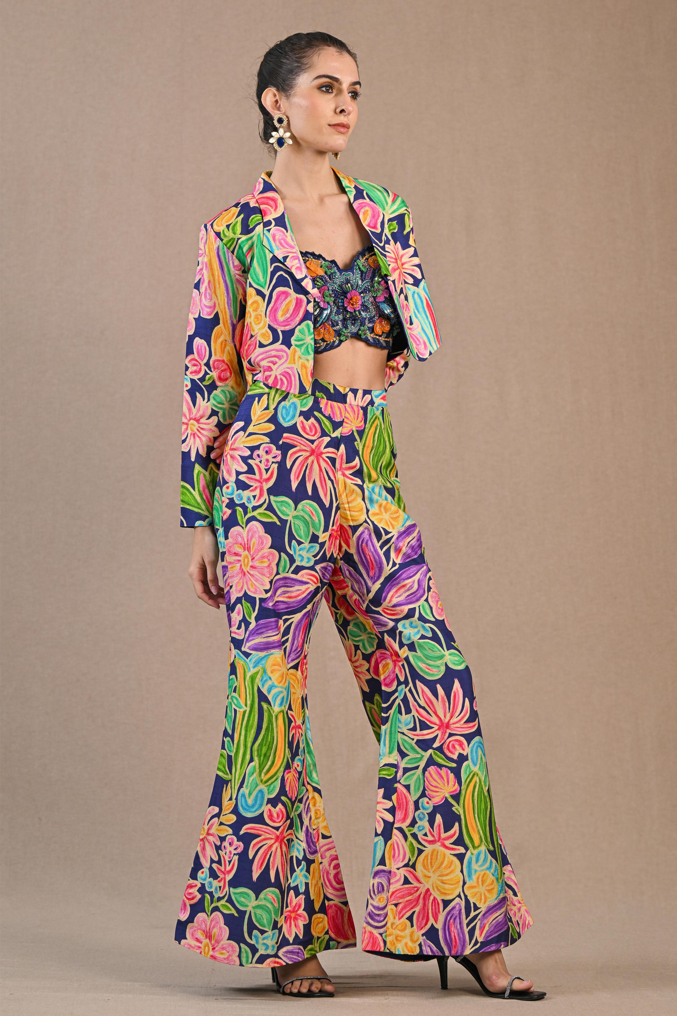 Blue Floral Printed Raw Silk Jacket Co-Ord Set