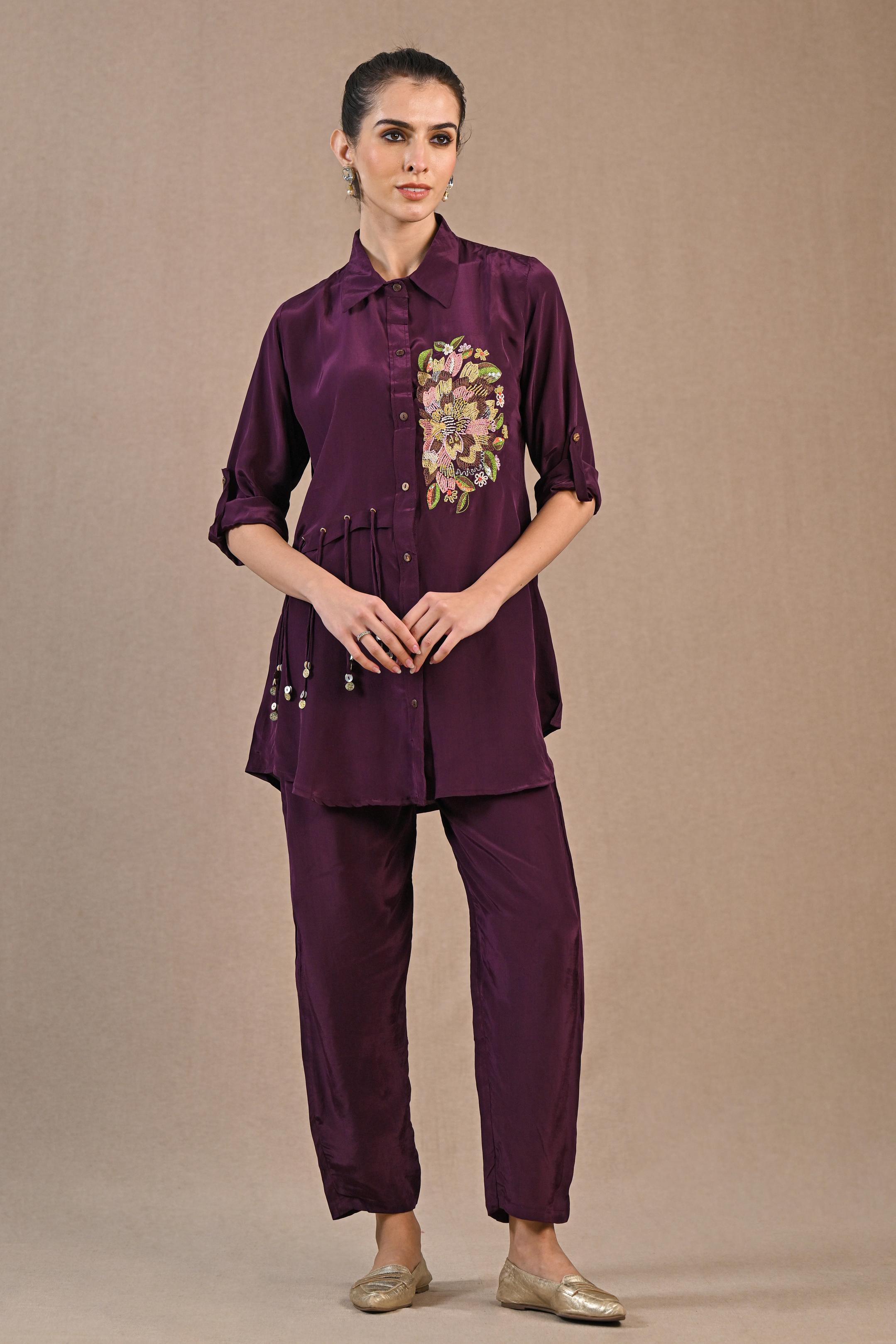 Wine Embroidered Crepe Silk Co-Ord Set