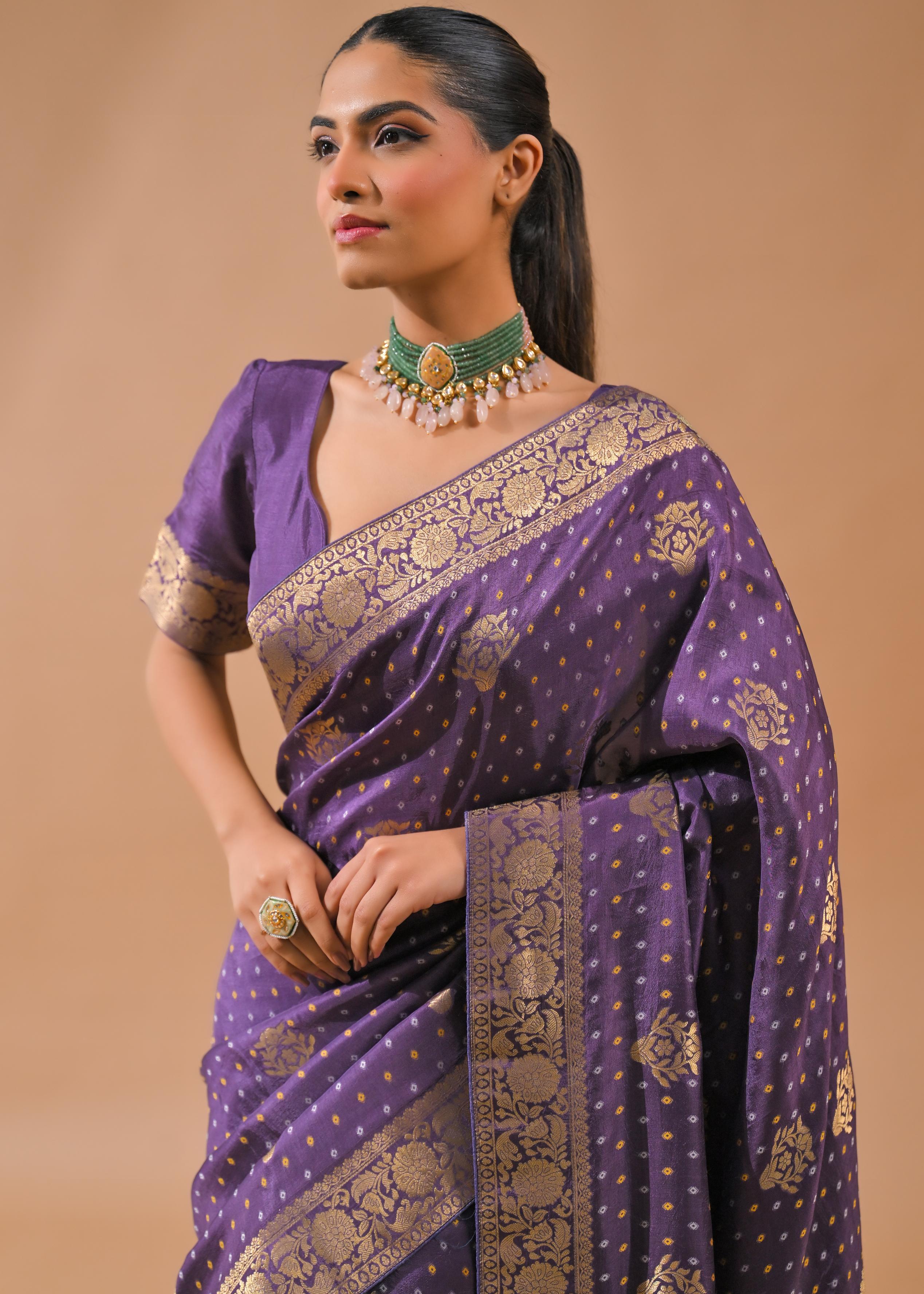 Light Purple Bandhej Printed Silk Saree