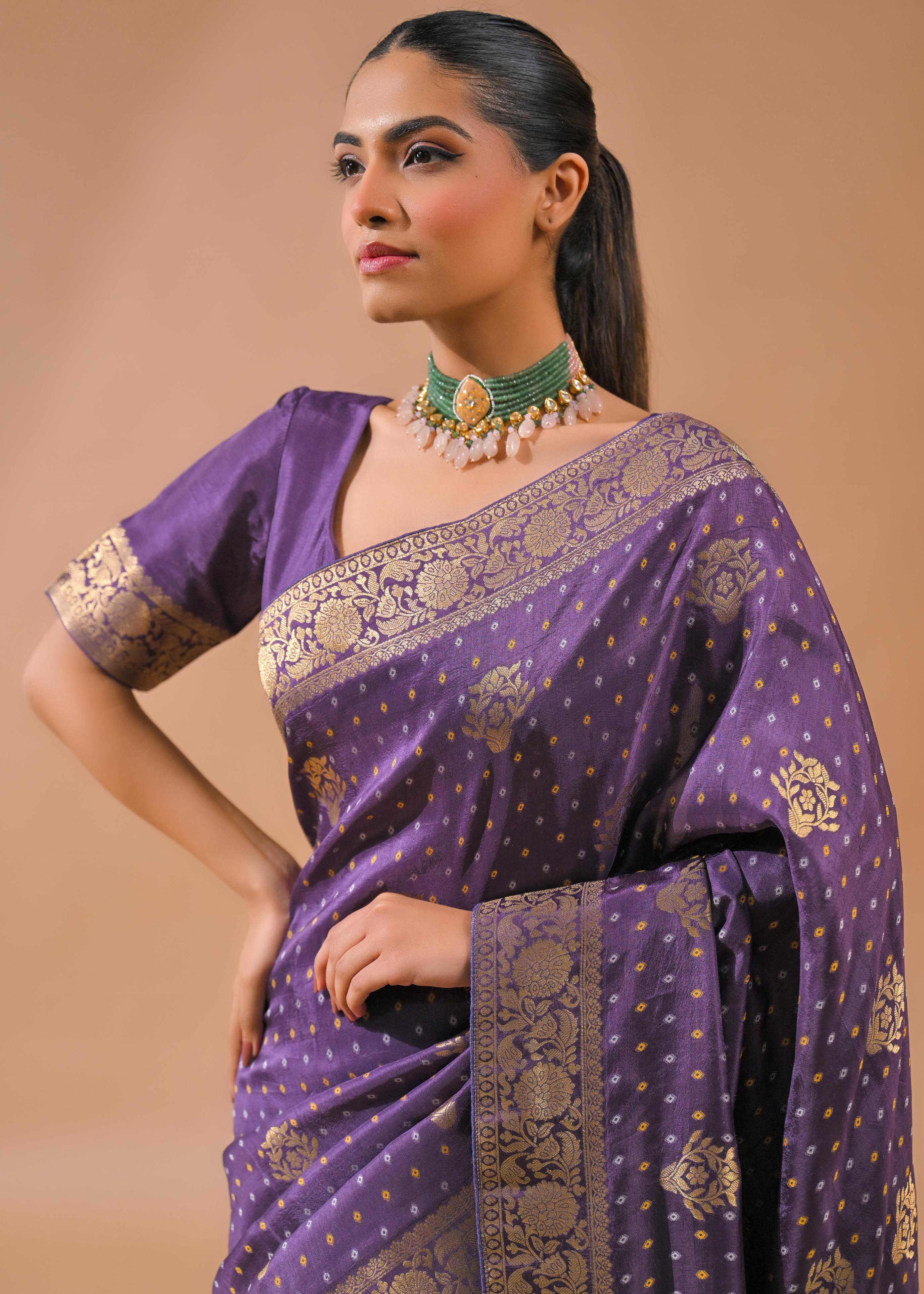 Light Purple Bandhej Printed Silk Saree