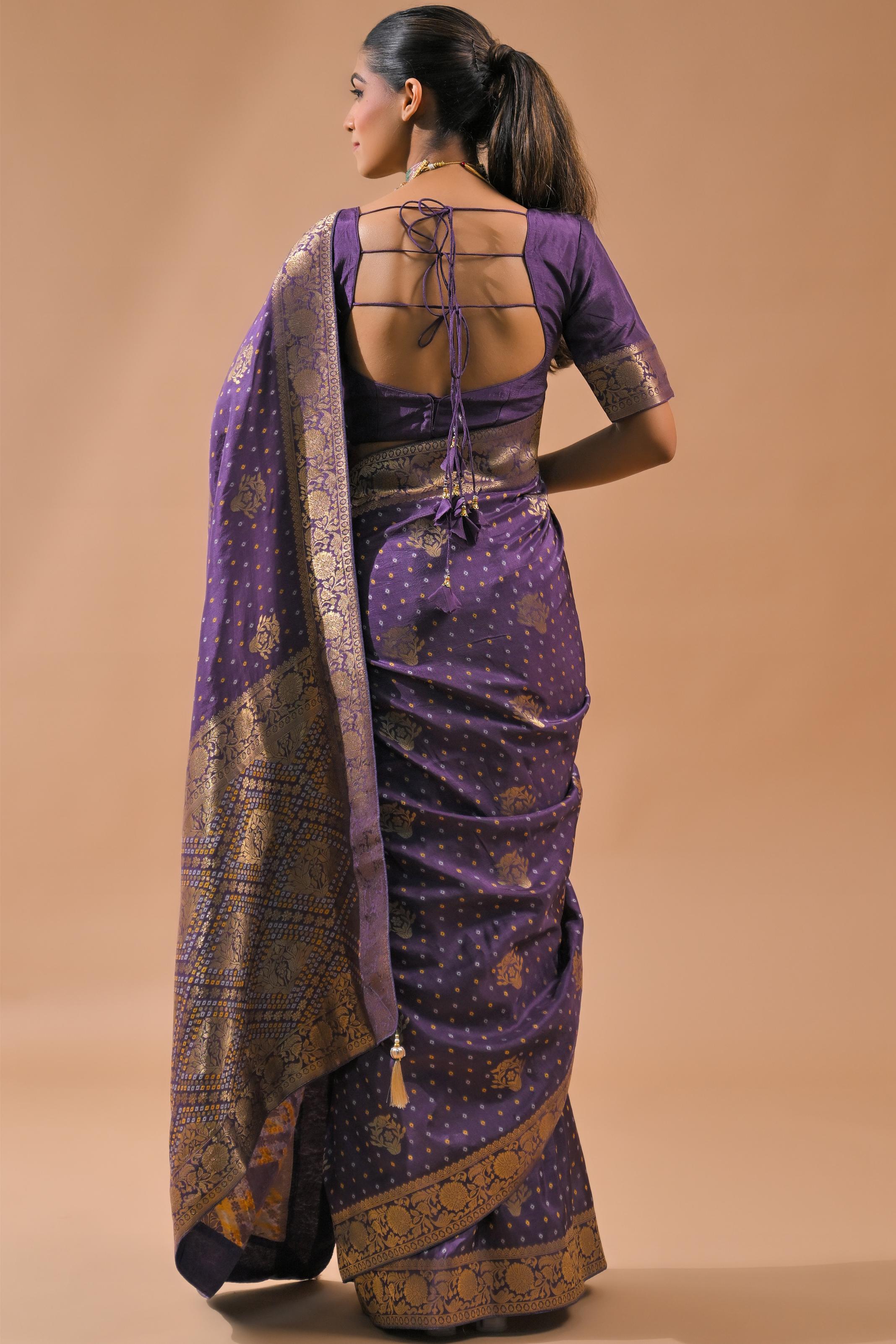 Light Purple Bandhej Printed Silk Saree
