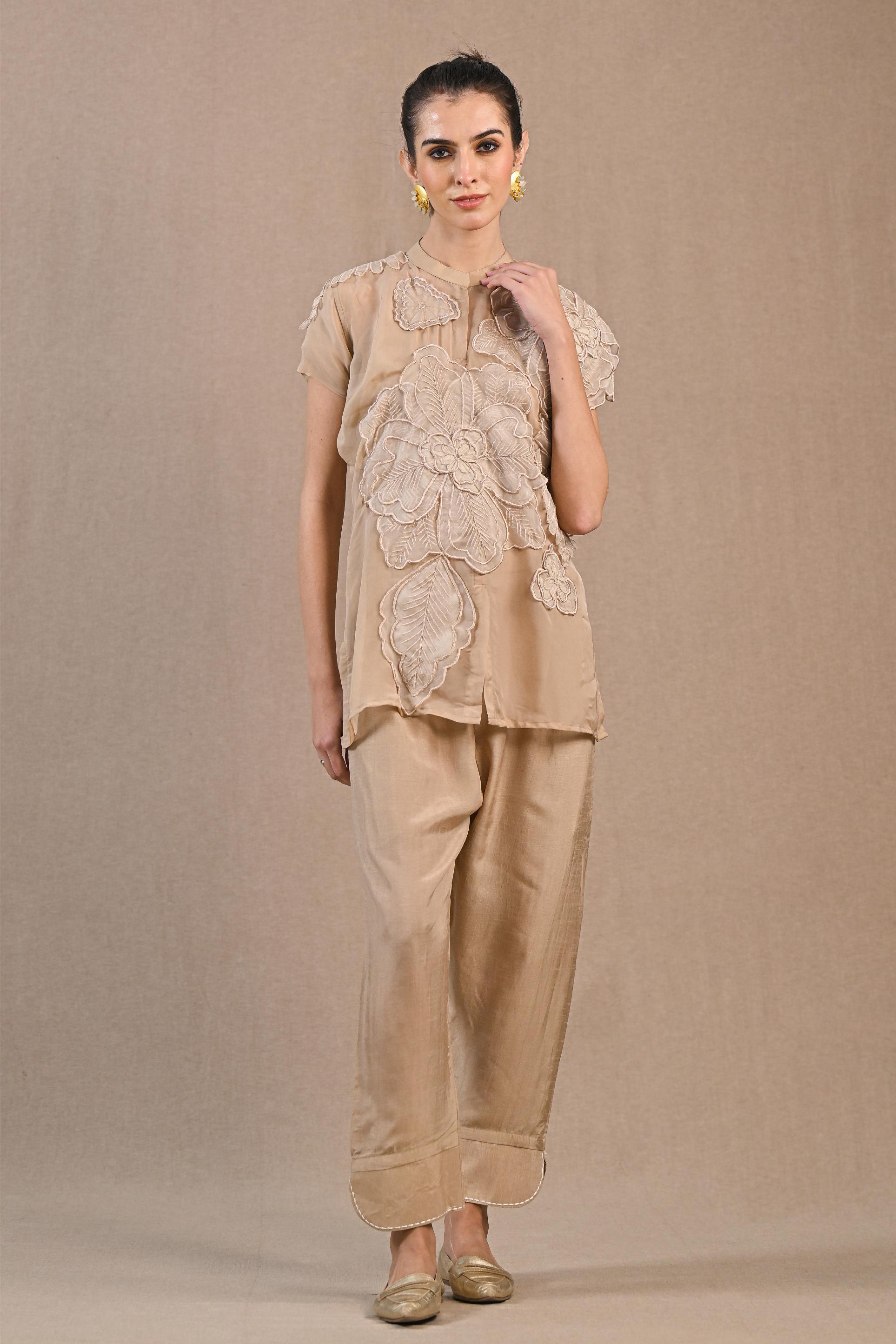 Beige Floral Embroidered Organza Silk Co-Ord Set