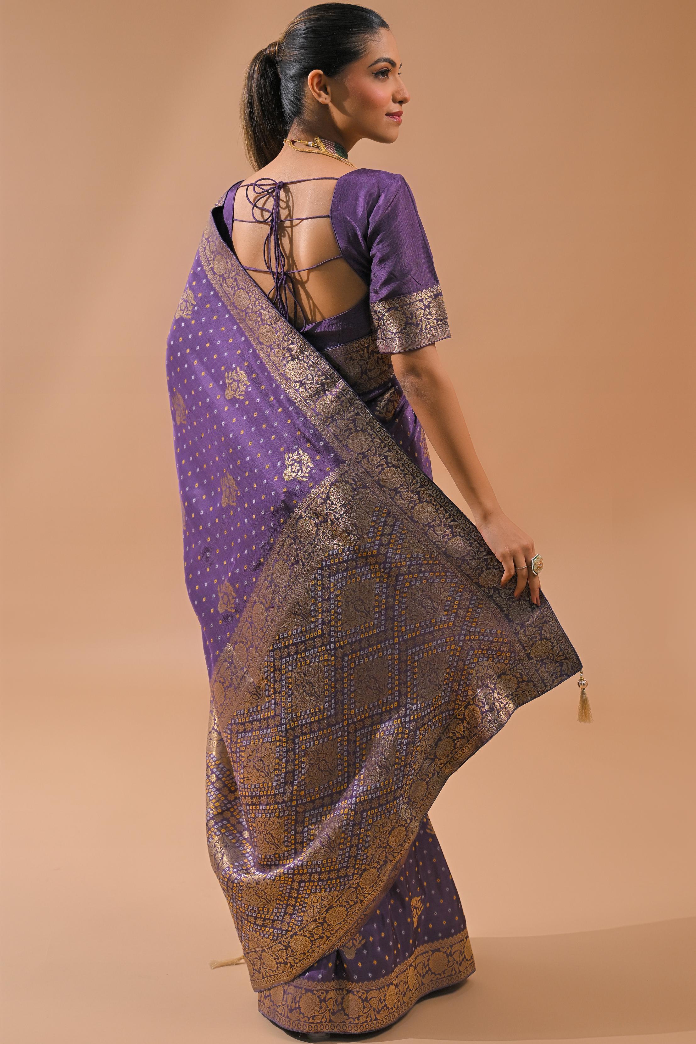 Light Purple Bandhej Printed Silk Saree