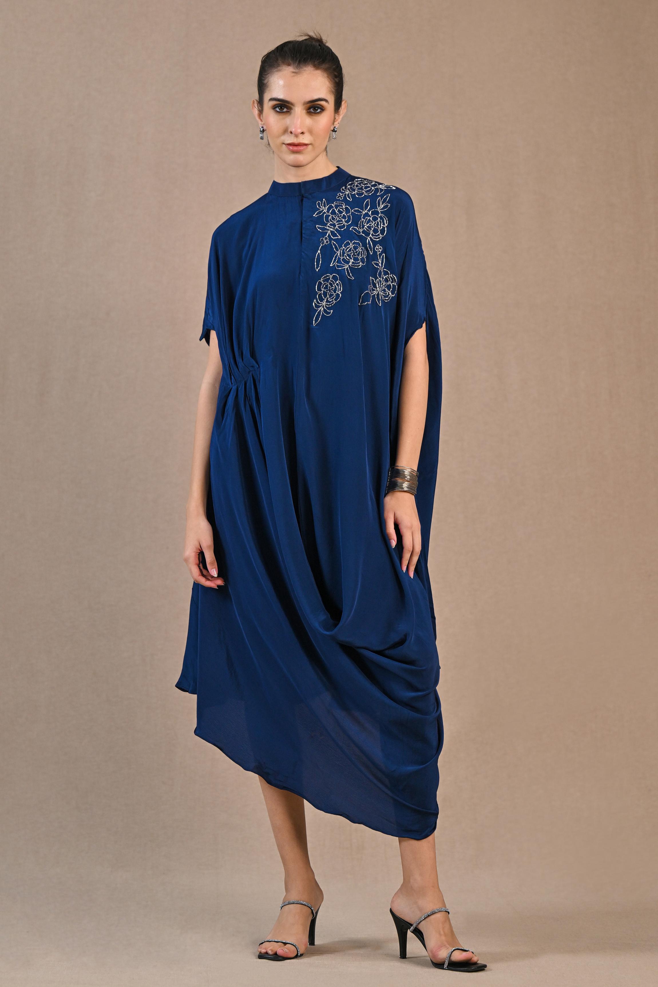 Blue Embroidered Premium Silk Kaftan Dress