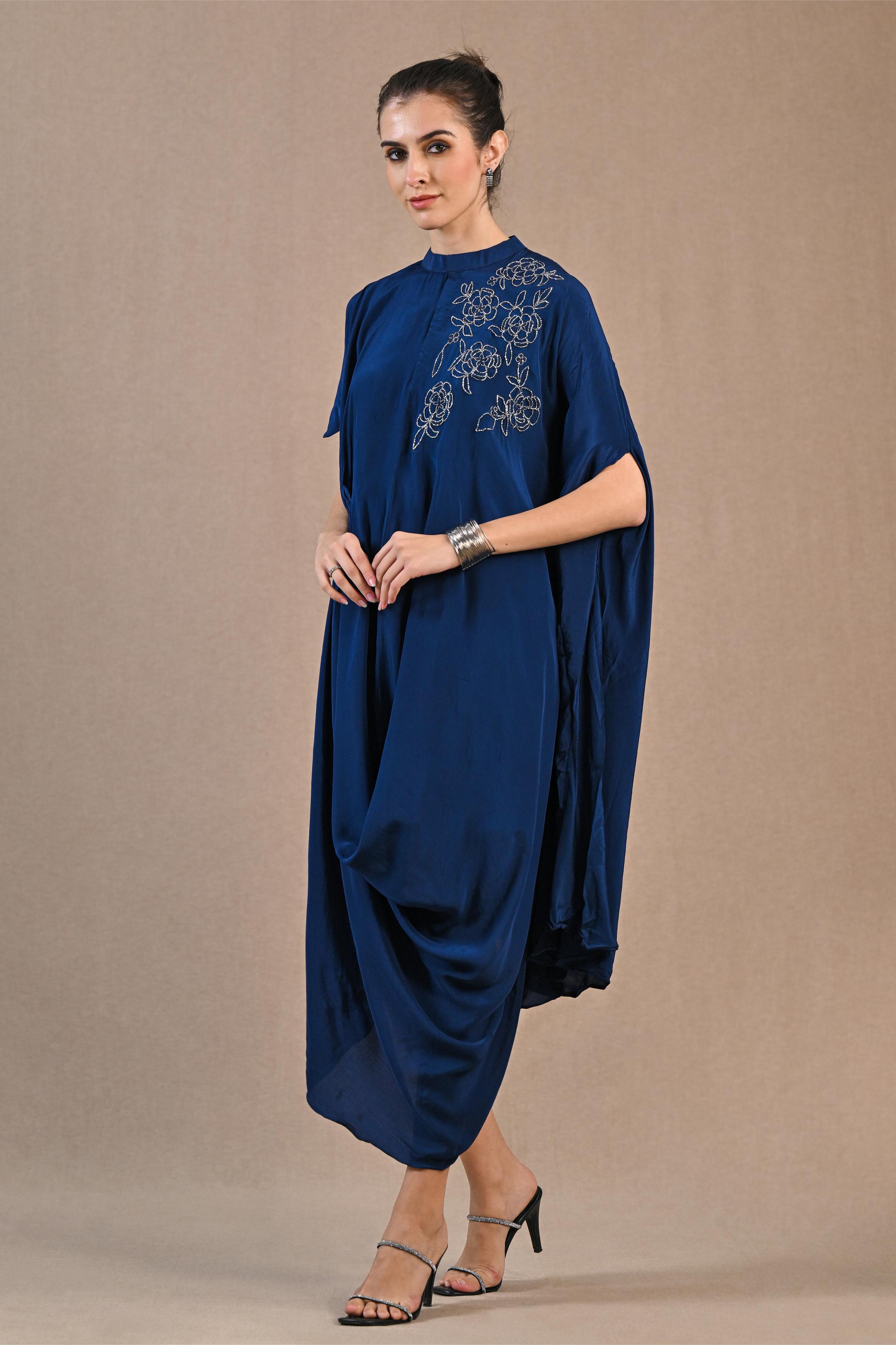 Blue Embroidered Premium Silk Kaftan Dress