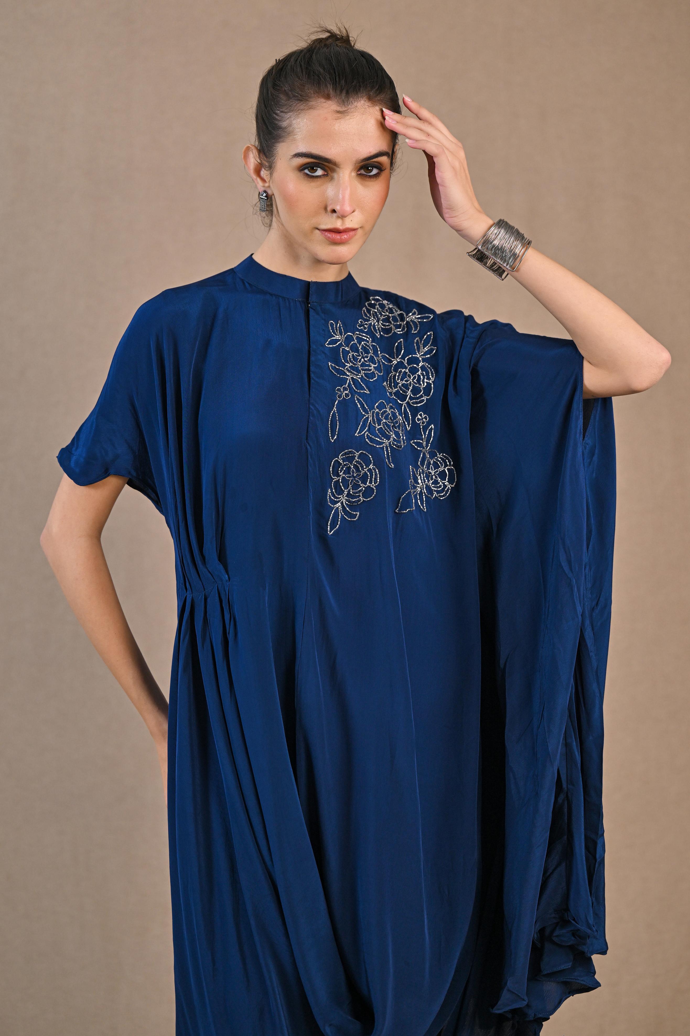 Blue Embroidered Premium Silk Kaftan Dress