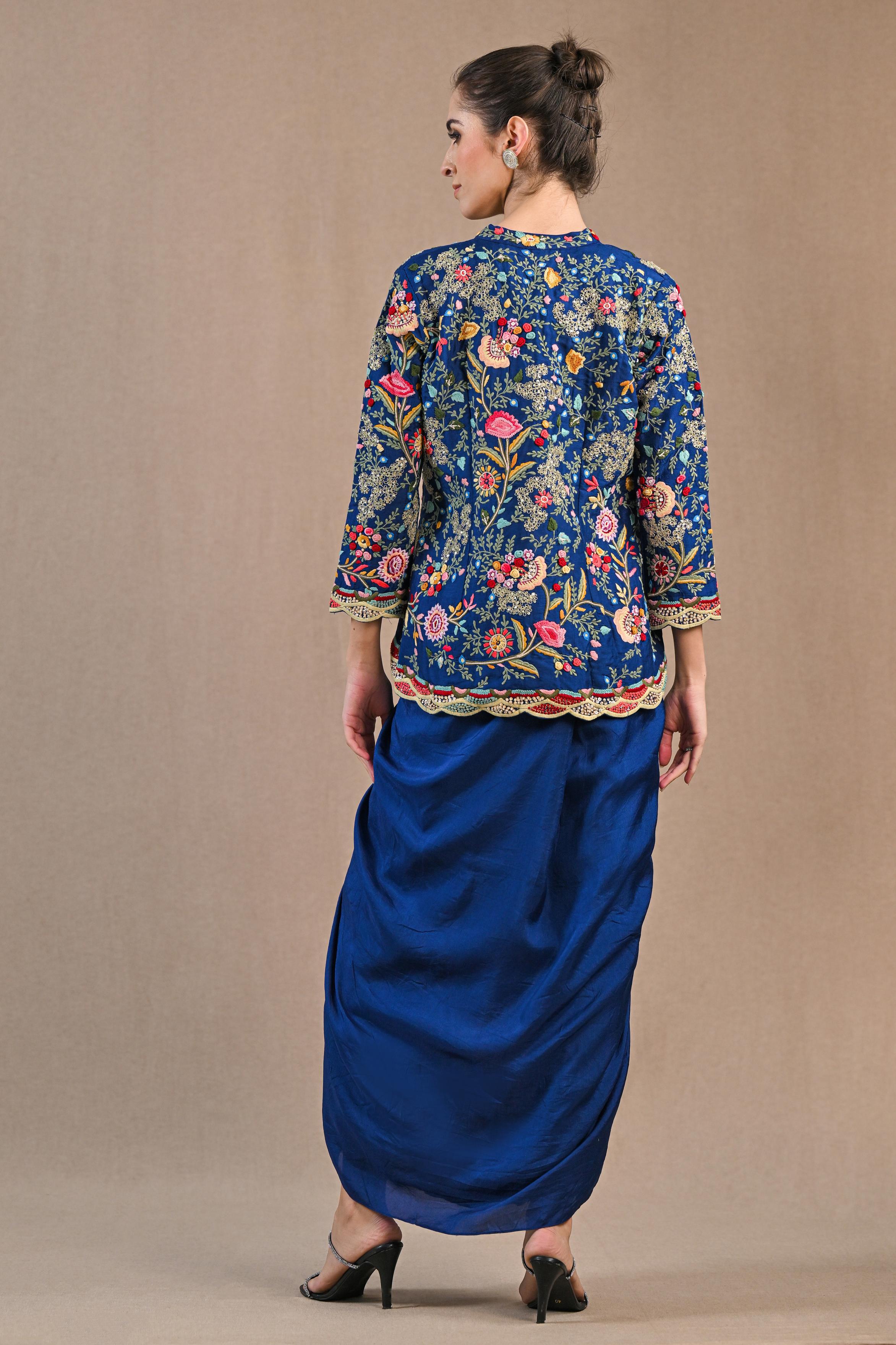 Blue Floral Embroidered Raw Silk Skirt Set