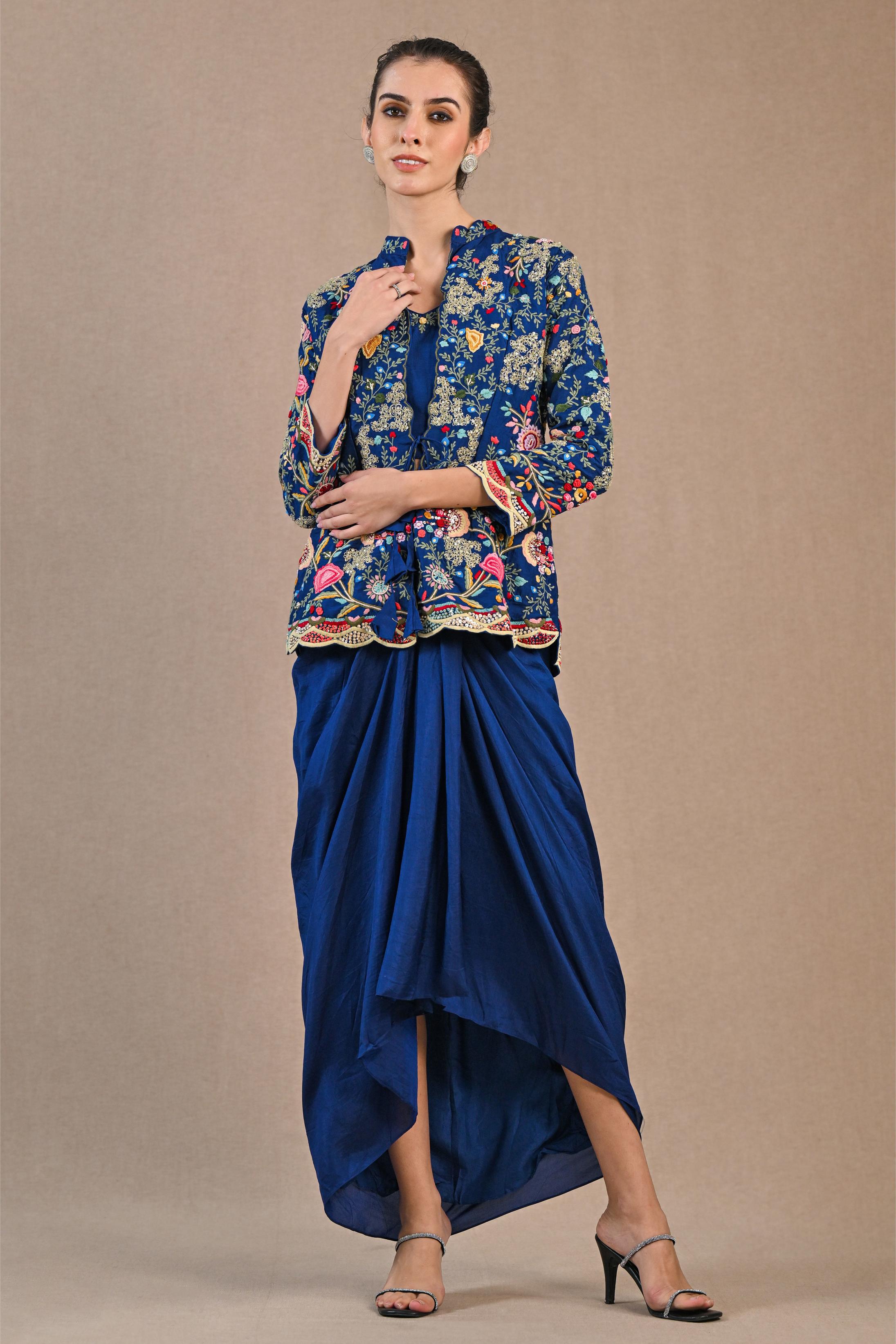 Blue Floral Embroidered Raw Silk Skirt Set